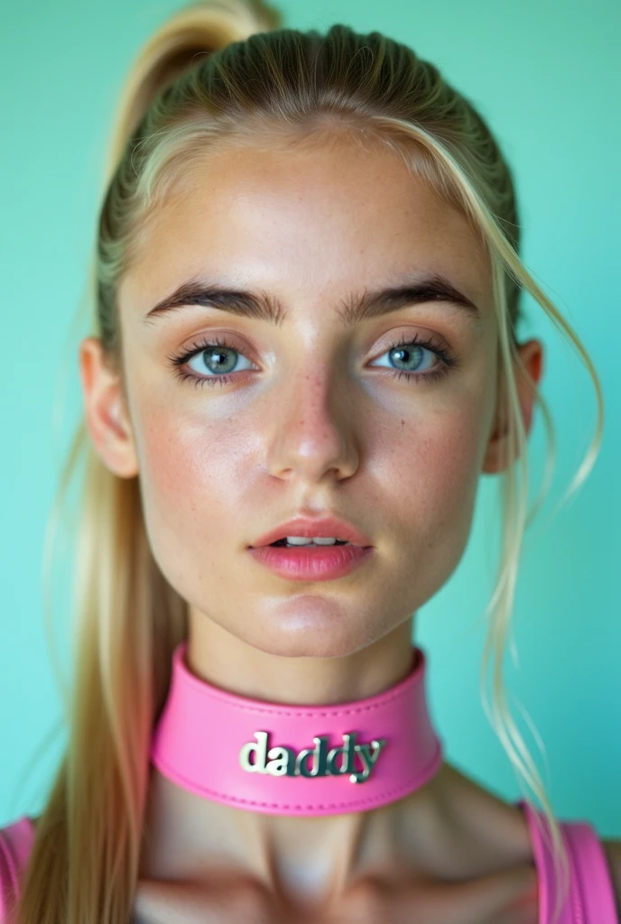 Beautiful girl with bright blue eyes, long straight blond hair with a ponytail bind up, light turquoise plane background, (Thick pink leather choker with silver text "Daddy"), her mouth is slightly open and she got  in here mouth, ultra detailed skin, photo ultra-realistic, hyper-detailed , Vogue photo shoot , cinematic, big limps with glossy pink lipstick, alluring atmosphere, hyper-realistic lighting, soft-focus on skin