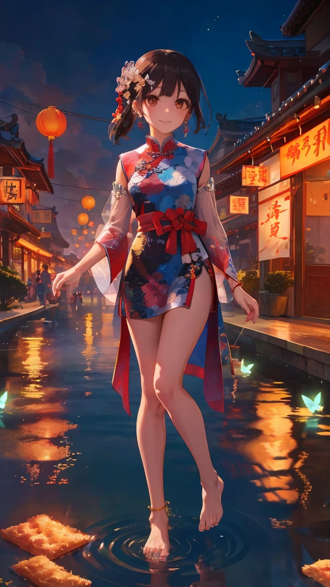 masterpiece,best quality,official art,extremely detailed CG unity 8k wallpaper, (wide shot),1girl, (Miyu Edelfelt),,black hair,brown eyes,seductive smile,(cleavage cutout), barefoot, see-through dress, butterfly, butterfly hair ornament, backless dress,  sheer see-through  chinese clothes,sleeveless, double bun,golden dragon print,bare foot,spread legs,elbow gloves,hair bun, hair ornament,jewelry,earrings,bead anklet,slim legs,nail polish, large natural breasts, solo, toenail polish, toenails, toes, twintails,outdoor,Chinese style architecture, Chinese style, lake, ancient town, beautiful and meticulous water,the red lantern,fireworks,