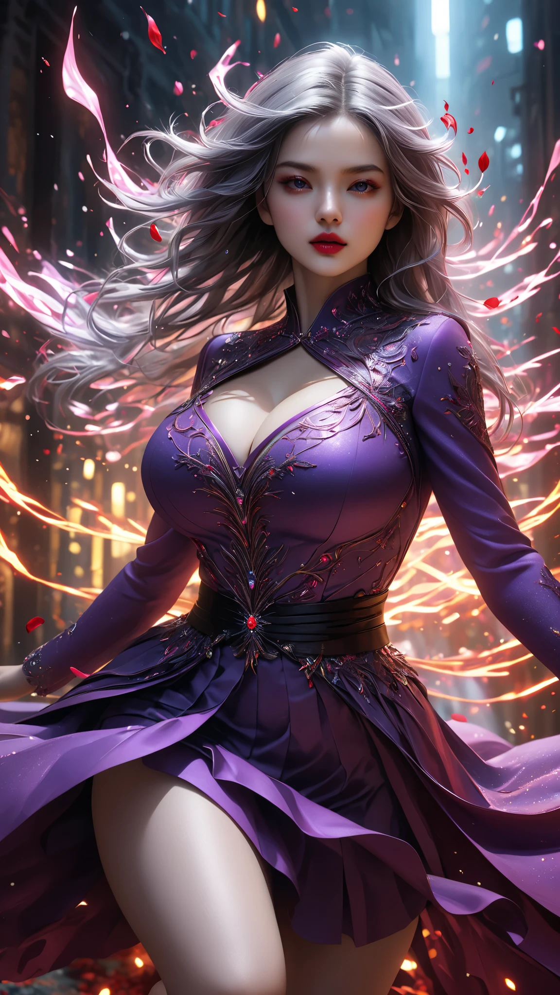 woman、Snow Woman in a Purple Dress, blood petals,ray tracing, masterpiece, masterpiece, ultimate、top quality , Ultra High Quality ,live-action 、Gray Hair、 irrational detail , best light, best shadow, sharp, sharp image,details, extremely details, High Resolution, 16k, 超High Resolution,real rendering、 Lightning Particle Effects , beautiful effects, bright color , neon light, neon, light, close-up、 Long Sleeve、 super huge breasts :1.5 、Extra thin waist :1.5、 Super Realistic Textured Face and Skin、Photorealistic、Original photo、wacky outfits、 horror、dynamic motion:1.2、beautiful symmetrical face、Realistic 3D CGI 、Real Digital Art 、I'm masturbating for four 、 Ultra Realistic Faces:1.2、Diagonal view、Skirt:1.2、Luxurious Outfits、 Fractal Art Flame、Hold out、Defensive Pose、
