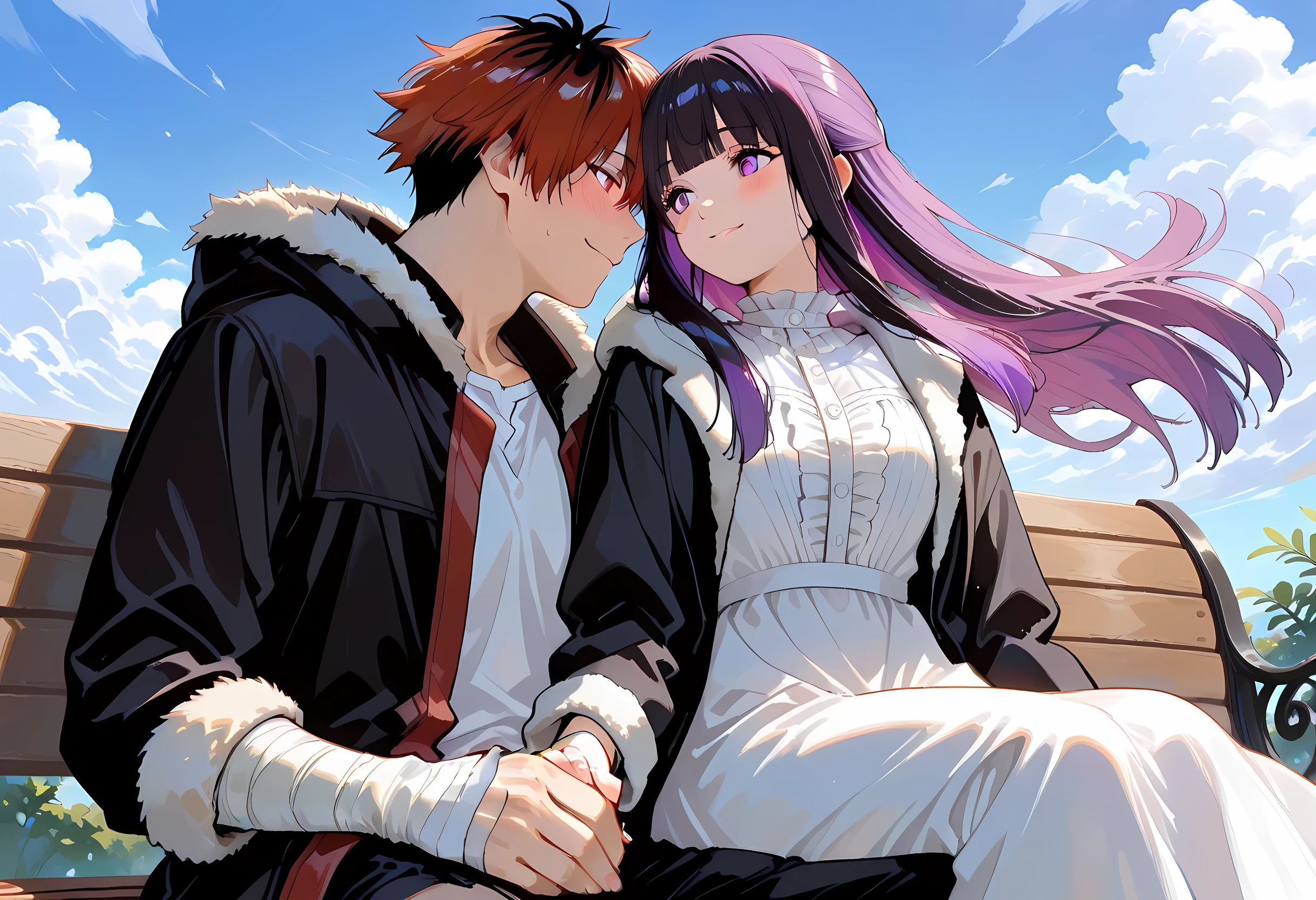 nimedXLjm, masterpiece, best quality, sharp details, sousou no frieren, 1girl, 1boy, red hair, purple hair, purple eyes, long hair, looking at another, multicolored hair, blunt bangs, two-tone hair, short hair, blush, black hair, red eyes, straight hair, sidelocks, floating hair, looking down, white dress, dress, jacket, long sleeves, pants, shirt, long dress, hood, frills, fur trim, sweatdrop, sitting, holding hands, sitting on lap, sitting on person, eye contact, heads together, outdoors, bandages, coat, open clothes, hood down, stark (sousou no frieren), fern (sousou no frieren), red jacket, hetero, smile, bandaged arm, black pants, sky, day, closed mouth, black coat, arm wrap, cloud, bandaged hand, blue sky, couple, fur-trimmed jacket, hooded jacket, on bench, white shirt, contrast