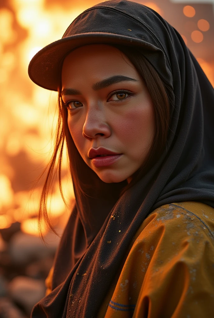 A (rugged man resembling Clint Eastwood, wild west gunslinger dressed in white), (busty malaysian gunslinger, age 20 immensely busty, hijab no hair showing), old west town sunset, (best quality,4k,8k,highres,masterpiece:1.2), ultra-detailed, (realistic,photorealistic,photo-realistic:1.37), HDR, UHD, studio lighting, ultra-fine painting, sharp focus, physically-based rendering, extreme detail description, professional, vivid colors, bokeh, portraits, landscape, horror, anime, sci-fi, photography, concept artists, warm color palette, golden-hour lighting