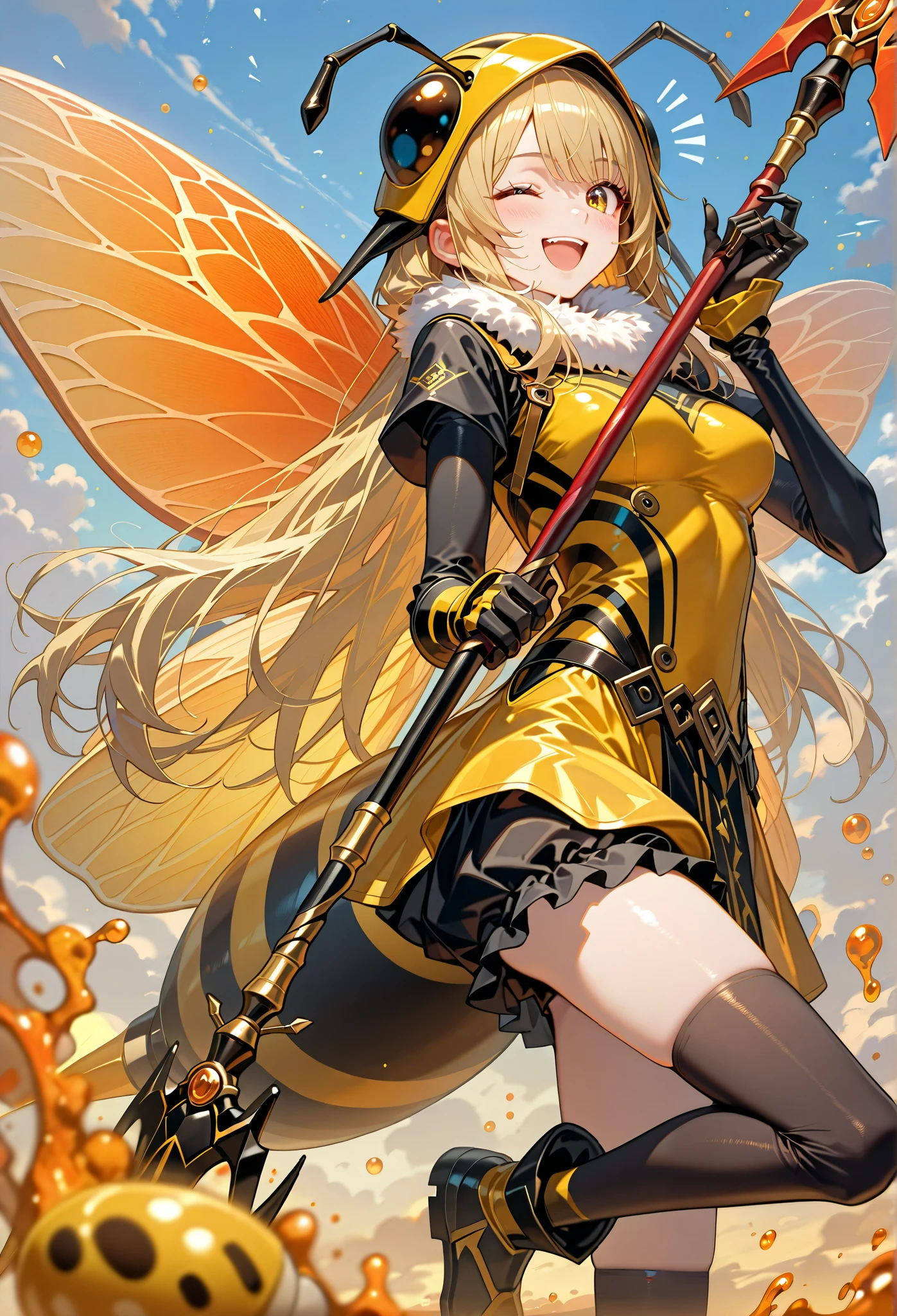 Beautiful girl cosplaying as a bee,age,bee stinger,blonde long hair,laughing,thin,holding a large, weaponized, honey-colored, spear or wing-like structure. The woman's attire consists of a form-fitting, bright yellow bodysuit with black accents, resembling a stylized insect-like costume. long socks.  Exposed thighs,frilled body suit,