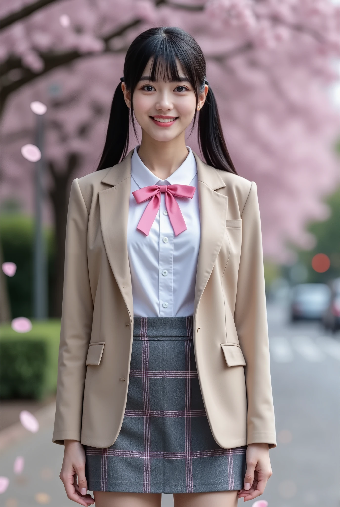(extremely detailed, score_9, score_8_up, score_7_up, highest quality, ultra high quality, highest resolution, sharp focus, 8K UHD), Fantastic realistic portrait of a petite very young Japanese woman, (((full body photo, slim legs visible, beautiful loafers visible))), happy smiling face, detailed facial description, detailed eye description, large eyes with double eyelids, thick lips, black hair, black pupils, wearing a khaki blazer, white blouse with pink ribbon on chest, wearing a grey skirt with thin pink check pattern, standing by a street tree with cherry blossom petals falling in the air, very fantastical, photo with depth, blunt bangs in pigtails, looking at the viewer,