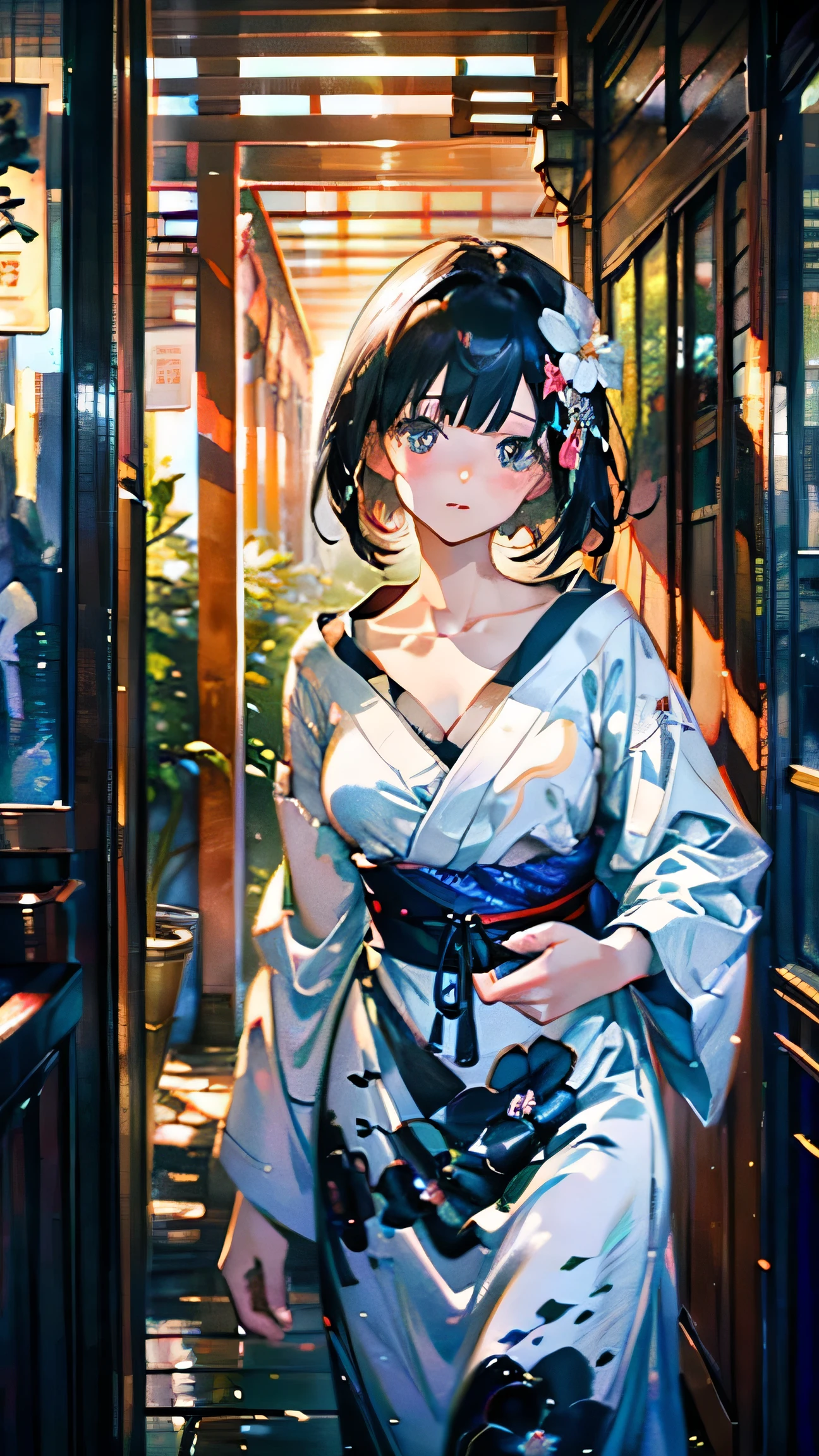 ink painting style, ink wash painting,(Official Art、top quality、 Unity 8k Wallpaper、32K、masterpiece、very detailed、Ultra High Resolution、 oil painting style :1.2)、slender、medium bust、(full body:1.2)、high detailed background、 almond-shaped eyes、blurry background、Yukata Beauty、(very detailed顔と目、beautiful face、super detailed skin、fine skin:1.3)、Japanese style house、veranda、 morning glow、Spring scenery、smooth jet black hair, white floral hair ornament, Exposed Collarbone, delicate neckline, Soft Cloths,Dreamy atmosphere, Dreamy Atmosphere, refined elegance .