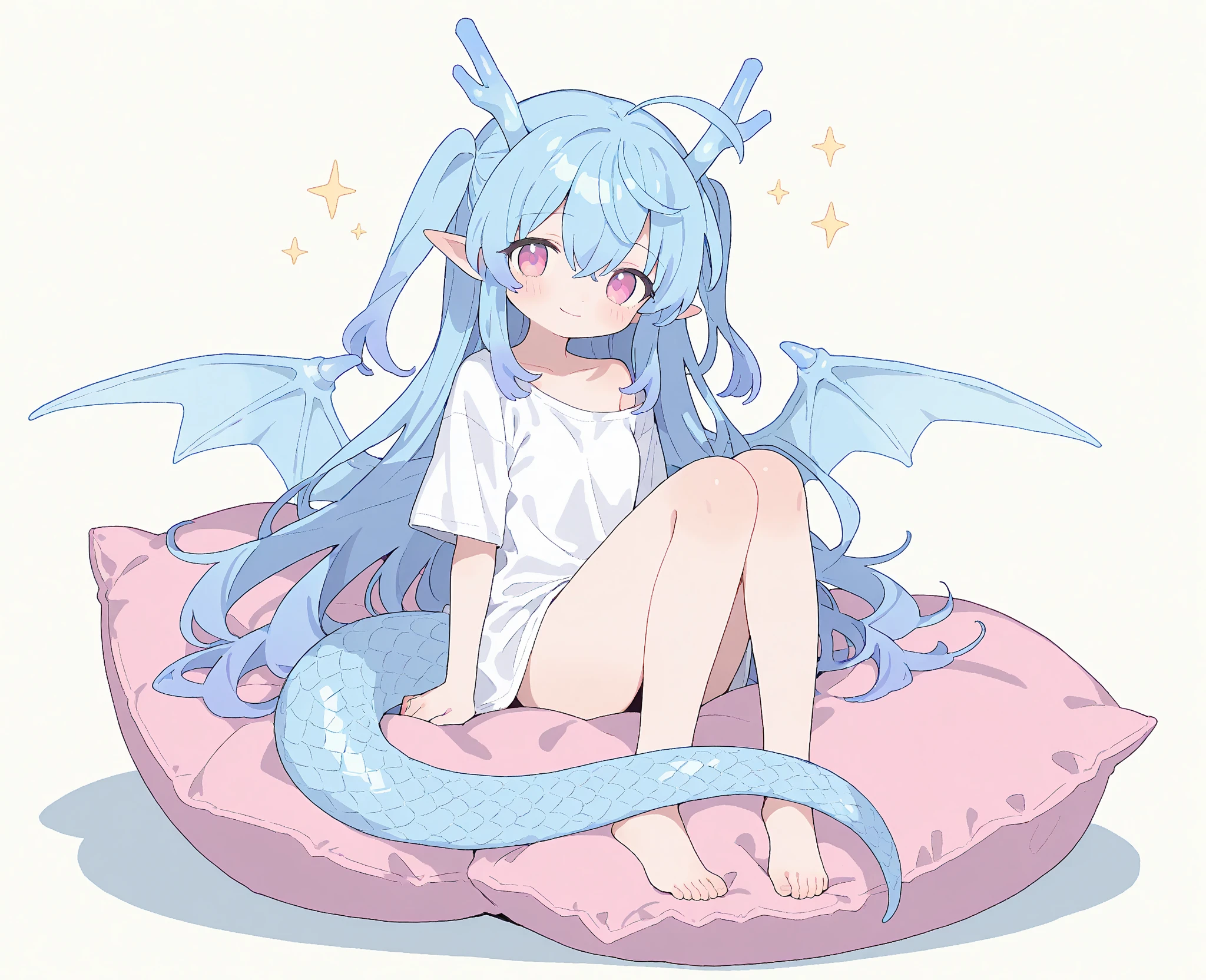 ice dragon in the form of a cute girl With a slight smile, very long blue hair, bright pink eyes, medium stature, with dragon horns on her temples and pointed ears on her head, big, blue dragon wings (covered in scales) and big, long blue dragon tail (covered in scales) behind her back, She is wearing a white long T-shirt that is just above the knee. She sleeps hugging a big pillow.