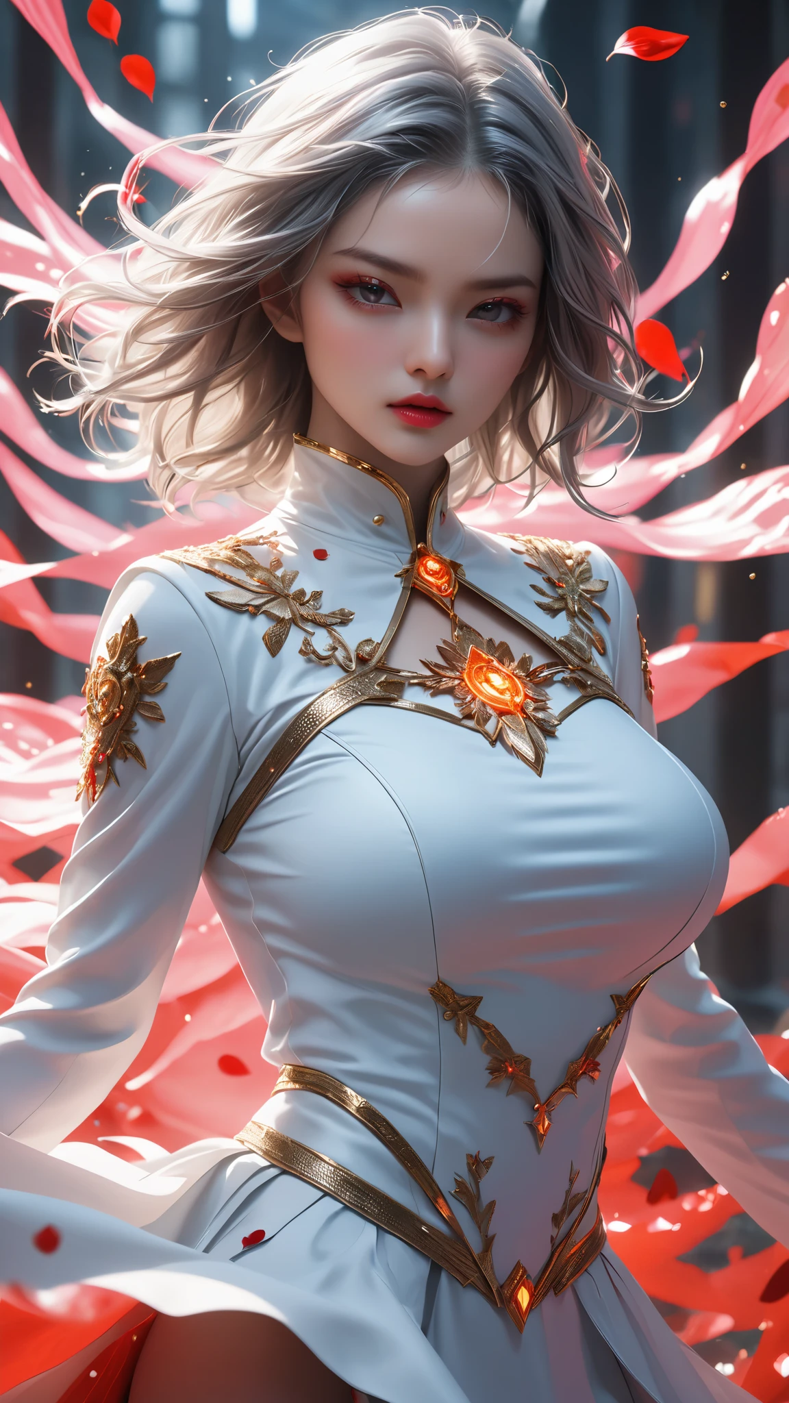 woman、Snow Woman in a White Costume, blood petals,ray tracing, masterpiece, masterpiece, ultimate、top quality , Ultra High Quality ,live-action 、Gray Hair、 irrational detail , best light, best shadow, sharp, sharp image,details, extremely details, High Resolution, 16k, 超High Resolution,real rendering、 Lightning Particle Effects , beautiful effects, bright color , neon light, neon, light, close-up、 Long Sleeve、 super huge breasts :1.5 、Extra thin waist :1.5、 Super Realistic Textured Face and Skin、photorealistic、Original photo、wacky outfits、 horror、dynamic motion:1.2、beautiful symmetrical face、Realistic 3D CGI 、Real Digital Art 、I'm masturbating for four 、 Ultra Realistic Faces:1.2、Diagonal view、Skirt:1.2、Luxurious Outfits、、Hold out、 attack pose 、Freedom of the Face:1.8、 offensive posture、