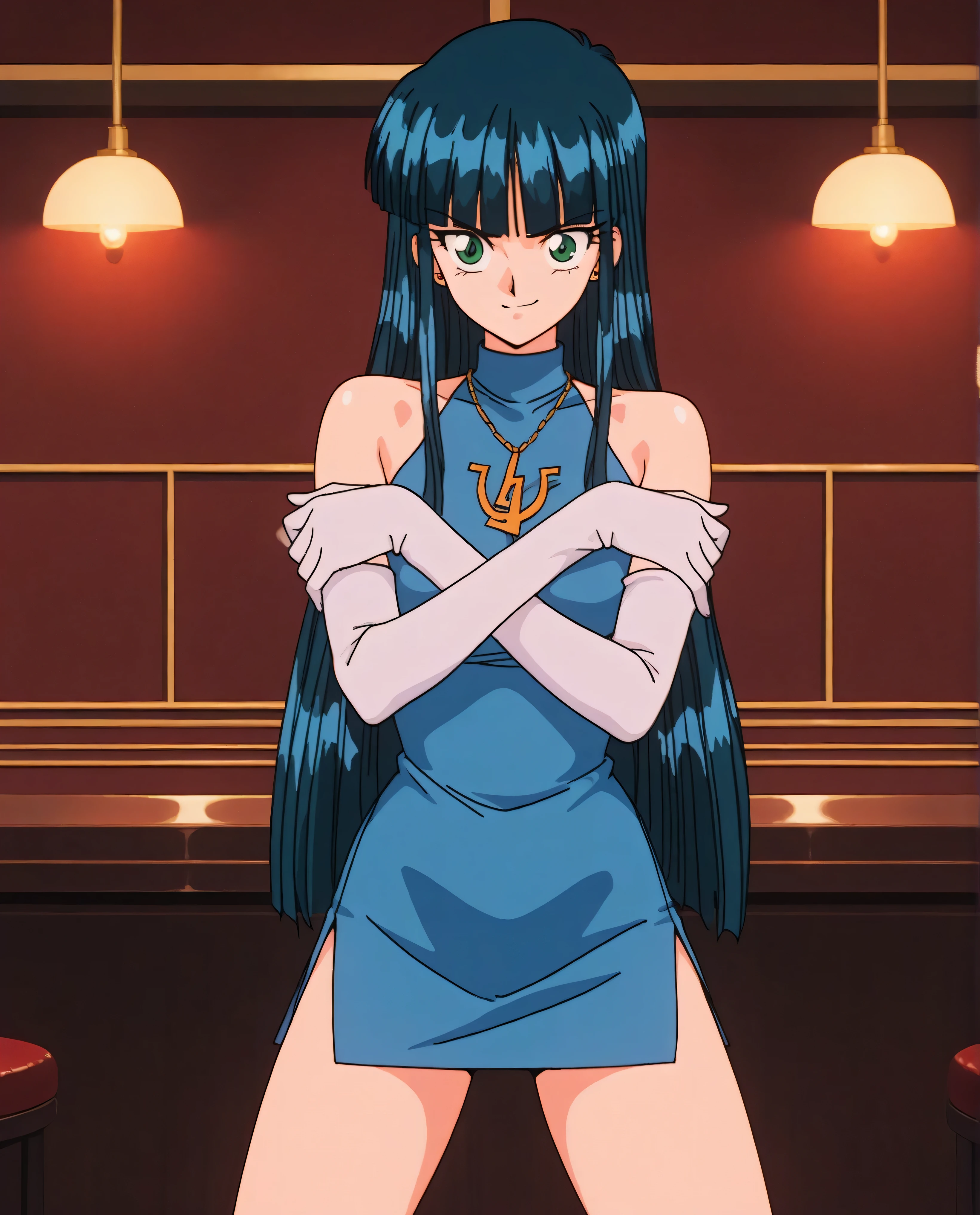 (16k, best quality, masterpiece:1.2),,retro artstyle,mall, shopping center,indoors,solo,1girl,maron,(red short dress), bare shoulder,(blue eyes,aqua hair,blunt bangs),off shoulder,standing, light smile,looking at viewer,(arms at sides), medium breasts, short sleeves,long hair
