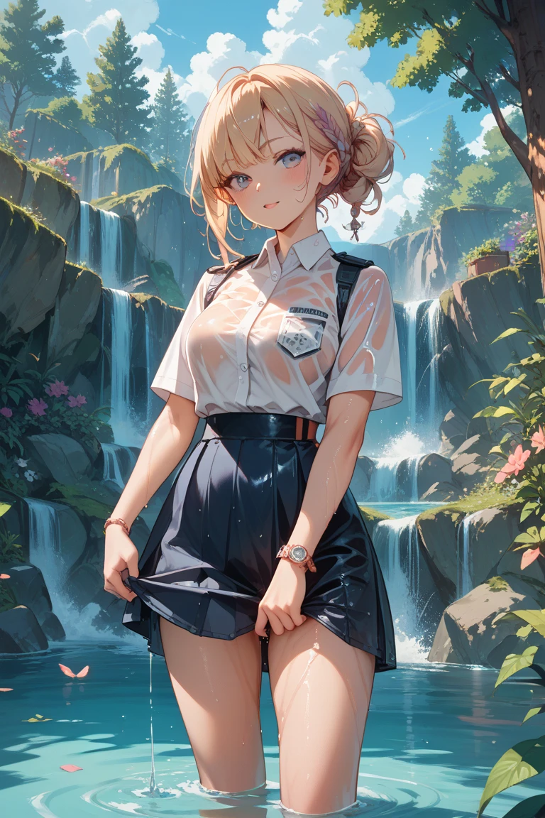 GIRL,BLUE EYES ,WEARING WHITE T SHIRT,BLACK SKIRT ,WATER POWERS, BODY FACING VIEWER