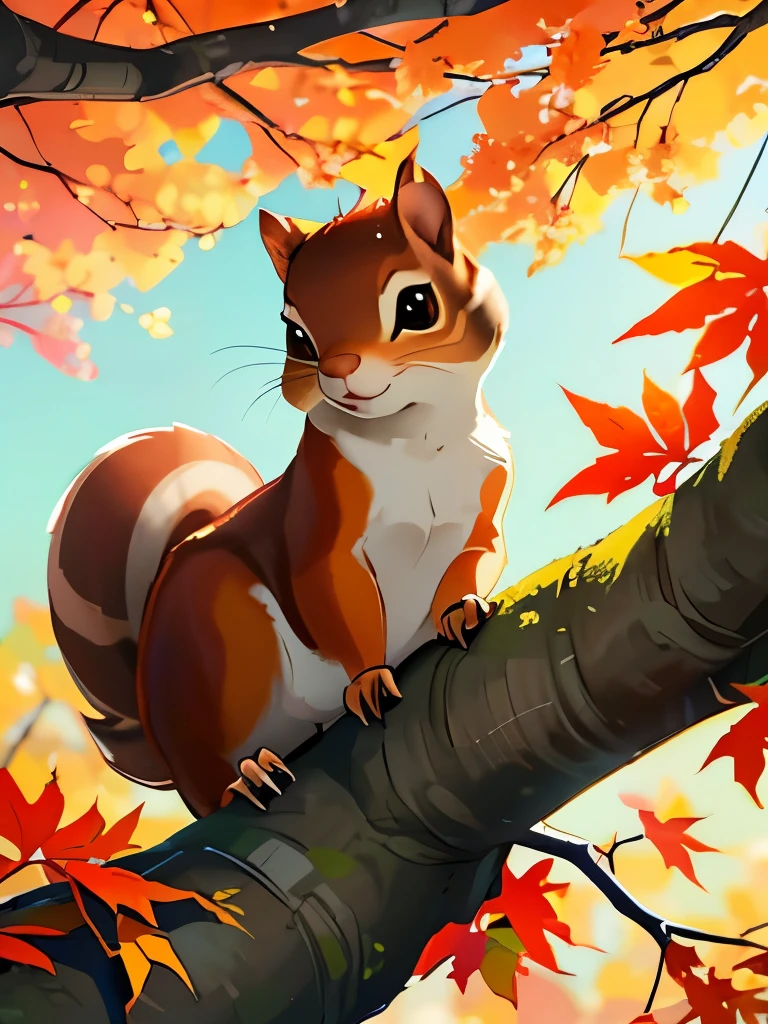 a painting of a squirrel sitting on a tree branch in the fall, digital art by Ryan Yee, pixiv, furry art, 🍁 cute, 🐿🍸🍋, 🍂 cute, squirrel, adorable digital painting, beautiful art, cute forest creature, cute artwork, the squirrel king, fanart, high quality fanart, seasons!! : 🌸 ☀ 🍂 ❄, beginner art