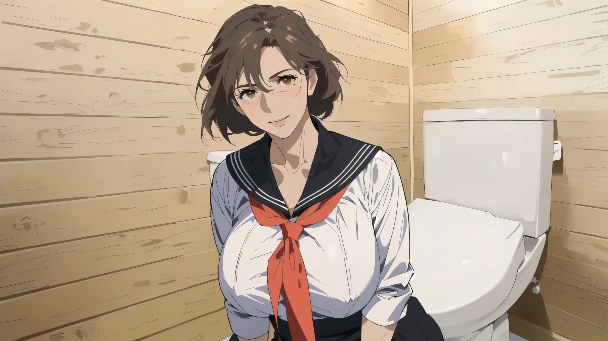 best quality, mature mom, Quiet mature Mom , ((( Small Wrinkles Around His Eyes and Mouth :1.2)))、detailed face, brown hair, Mesh Bang Hairstyle, brown eyes, Big Breasts, shy and embarrassed mature mom, (mature mom in tight and white sailor suit:1.3) ,(red scarf with black nose:1.4)、 there is toilet with wood walls ,(Simple Western-style whight toilet.Move to the right edge of the screen:1.2), realistic high school mature mom , female protagonist 👀 :8, Bewitching Anime mature mom , Makoto Shinkai ( Apex Legends ), Fine details, a hyper realistic high school mature mom , charming anime mature mom