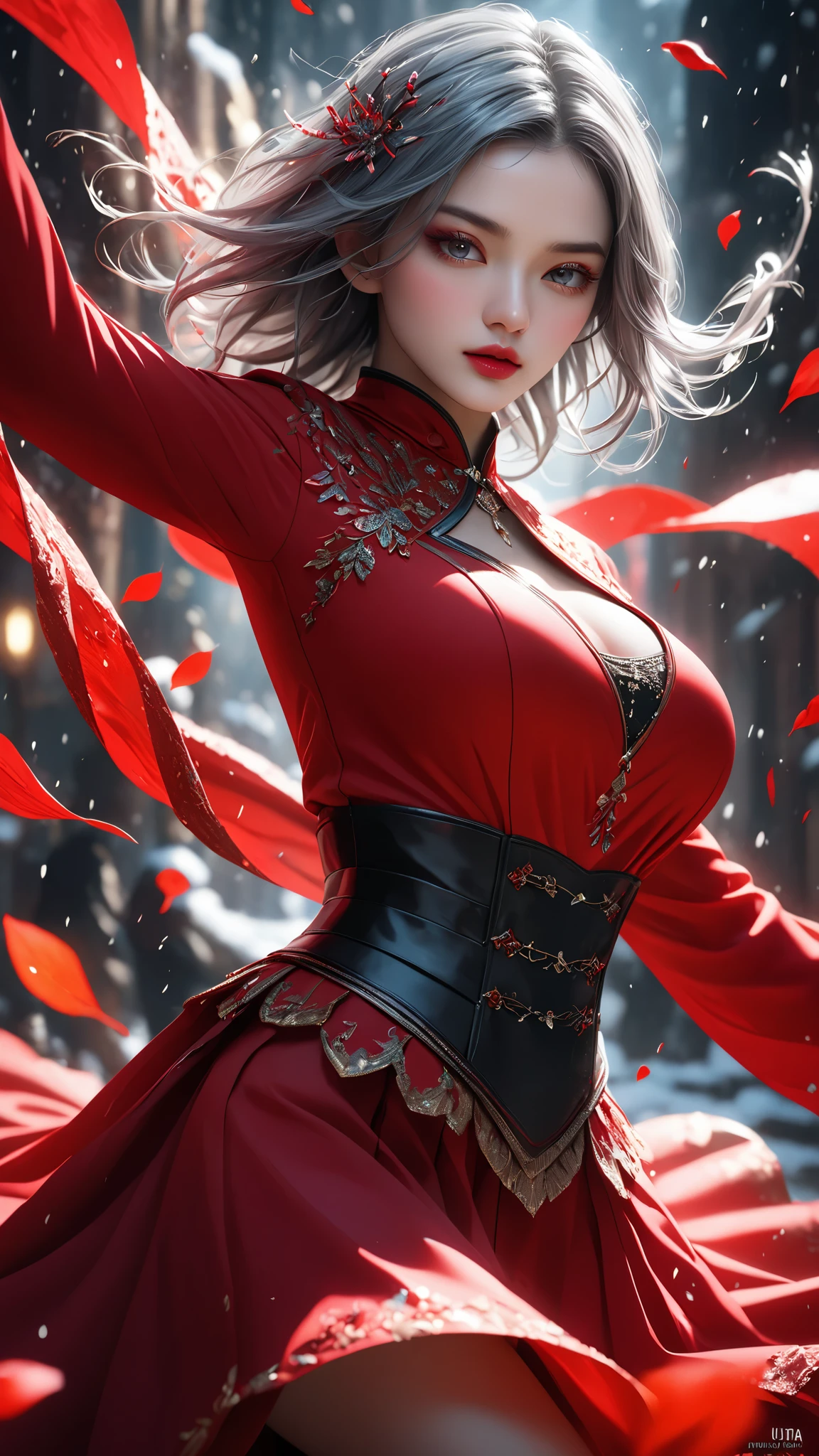 woman、Snow Woman in Red Dress, blood petals,ray tracing, masterpiece, masterpiece, ultimate、top quality , Ultra High Quality ,live-action 、Gray Hair、 irrational detail , best light, best shadow, sharp, sharp image,details, extremely details, High Resolution, 16k, 超High Resolution,real rendering、 Lightning Particle Effects , beautiful effects, bright color , neon light, neon, light, close-up、 Long Sleeve、 super huge breasts :1.5 、Extra thin waist :1.5、 Super Realistic Textured Face and Skin、photorealistic、Original photo、wacky outfits、 horror、dynamic motion:1.2、beautiful symmetrical face、Realistic 3D CGI 、Real Digital Art 、I'm masturbating for four 、 Ultra Realistic Faces:1.2、Diagonal view、Skirt:1.2、Luxurious Outfits、Hold out、 attack pose 、During combat、magic attack、