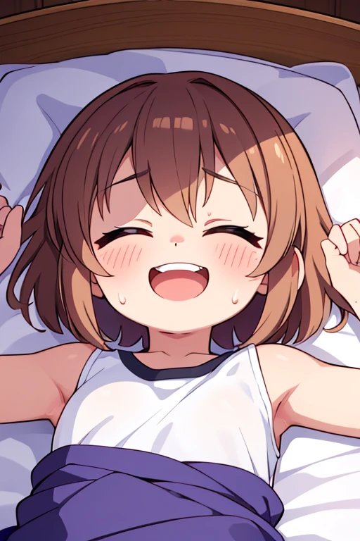 1girl,indoor,bedroom,Lying on your back,Close ~ eyes,orgasm,Dripping saliva,in heat,White camisole,Ruffled Skirt,Brown Hair, short hair, ponytail,Flat Chest, trembling