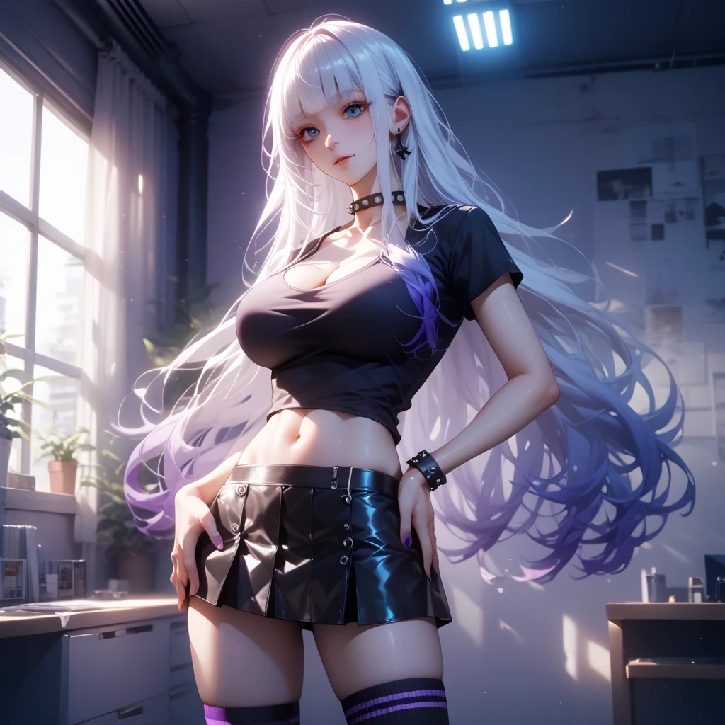 スレンダーボディ, hand on own ass, (purple White hair, gradient hair), top quality、 ( professional lighting without shadows )、 surreal, is fascinating、figure like a slender supermodel、 1 girl, (big breasts, Belly button exposed), ( flat at honny, beautiful skin)), (明るい and beautiful blue eyes ,(( クラゲ cut, long hair ))), ( black mini tight skirt , black u neck t-shirt, cleavage visible ,(( punk style fashion))) , Knee High Socks,