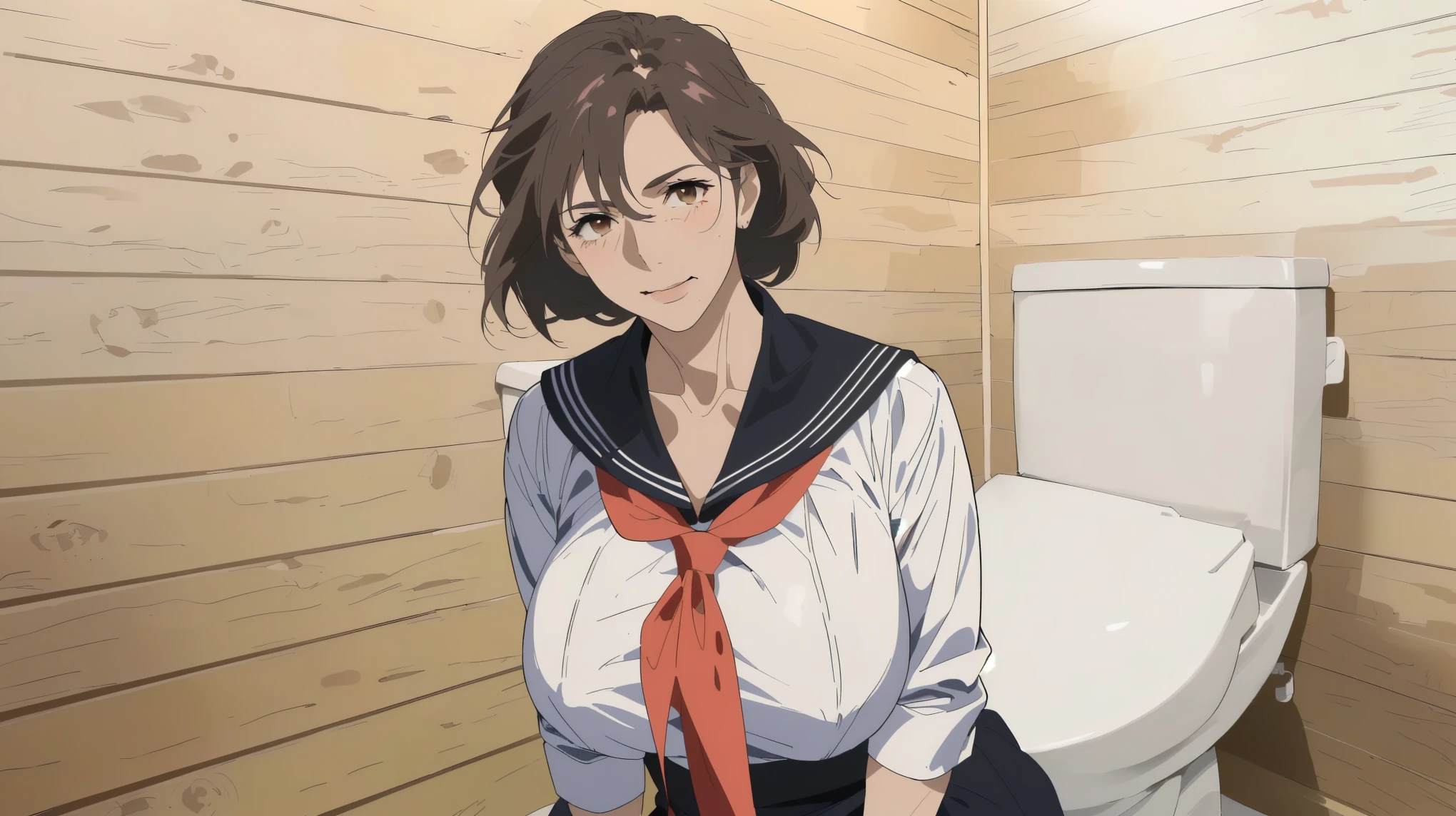 best quality, mature mom, Quiet mature Mom , ((( Small Wrinkles Around His Eyes and Mouth :1.2)))、detailed face, brown hair, Mesh Bang Hairstyle, brown eyes, Big Breasts, shy and embarrassed mature mom, (mature mom in tight and white sailor suit:1.3) ,(red scarf with black nose:1.4)、 there is toilet with wood walls ,(Simple Western-style whight toilet.Move to the right edge of the screen:1.2), realistic high school mature mom , female protagonist 👀 :8, Bewitching Anime mature mom ,  Makoto Shinkai ( Apex Legends ), Fine details, a hyper realistic high school mature mom , charming anime mature mom