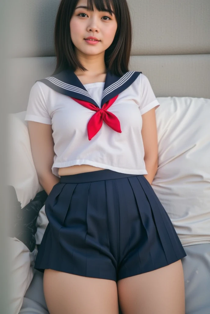 Close-up photo of a woman、The most beautiful Japan girls、(の女の子:1.5)、(10 years older、double eyelid、Droopy eyes、detailed、Beautiful Eyes、Cute eyes、bangs、Black Hair、short hair、(Volleyball Uniforms: 1.2)、(Shorts)、high waist、Super cute idol face、(younger sister:1.0)、thin、Small shoulders、thin腕、Flat Stomach、thin、(belly button、おbelly button)、Waistline、(Slim figure)、(Breast swelling:1.0)、(Underbust:1.5)、Beautiful breasts、valley、Glowing Chest、((足を開いてbedに横たわる:1.5))、Spread your legs、Spread your legs、To the tips of the feet、Bend your knees、Please show me the soles of your feet、socks、((whole body:1.5))、(whole body:1.5)、bed、pillow、(Hotel、Hotelの一室、ラブHotel)、(RAW Photos、最高quality、masterpiece、quality、Ultra-high resolution、Genuine、Tabletop、最高quality、8k、RAW Photos、Confused、Award-winning portraits、Digital SLR、Professional Lighting、Film Grain、chromatic aberration:1.0)、( Browsing Caution :1.3 )、