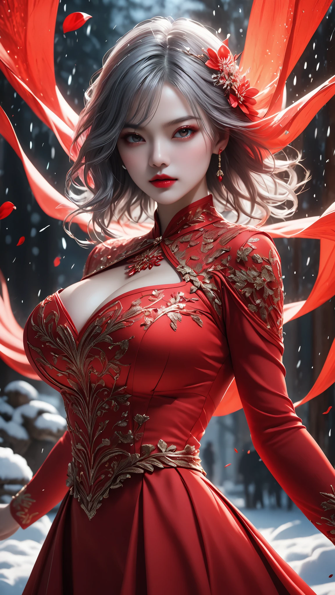 woman、Snow Woman in Red Dress, blood petals,ray tracing, masterpiece, masterpiece, ultimate、top quality , Ultra High Quality ,live-action 、Gray Hair、 irrational detail , best light, best shadow, sharp, sharp image,details, extremely details, High Resolution, 16k, 超High Resolution,real rendering、 Lightning Particle Effects , beautiful effects, bright color , neon light, neon, light, close-up、 Long Sleeve、 super huge breasts :1.5 、Extra thin waist :1.5、 Super Realistic Textured Face and Skin、photorealistic、Original photo、wacky outfits、 horror、dynamic motion:1.2、beautiful symmetrical face、Realistic 3D CGI 、Real Digital Art 、I'm masturbating for four 、 Ultra Realistic Faces:1.2、Diagonal view、Skirt:1.2、Luxurious Outfits、、Hold out、 attack pose 、Freedom of the Face:1.8、 offensive posture、Attack Stance、Under attack、