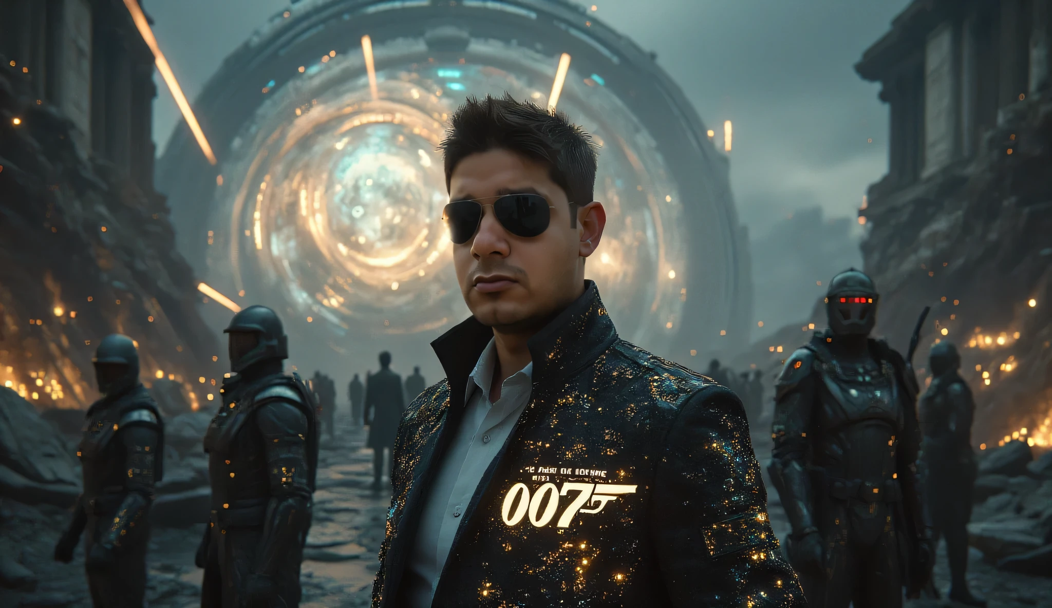 a man looking at viewer looking at camera, Hyper realistic fullbody a 30 yeard man in standing pose of james bond  wearing a bioluminescent jacket with glowing accents made from lab-grown diamonds wiht 007 james bond logo on jacket , and in the  background "A futuristic military scene showing a massive, glowing orbital laser descending from the sky towards a city, as a powerful leader stands atop a Roman-inspired command platform, overseeing the chaos. The image should blend ancient Roman authority with futuristic technology, showing the leader in a Roman emperor outfit, holding a holographic map of the world, while giant lasers strike key locations on the planet. Around the leader are loyal generals with armor blending ancient and futuristic designs. The atmosphere should feel tense, with dark skies and glowing laser beams cutting through the clouds, representing the power of modern technology wielded by ancient leadership
