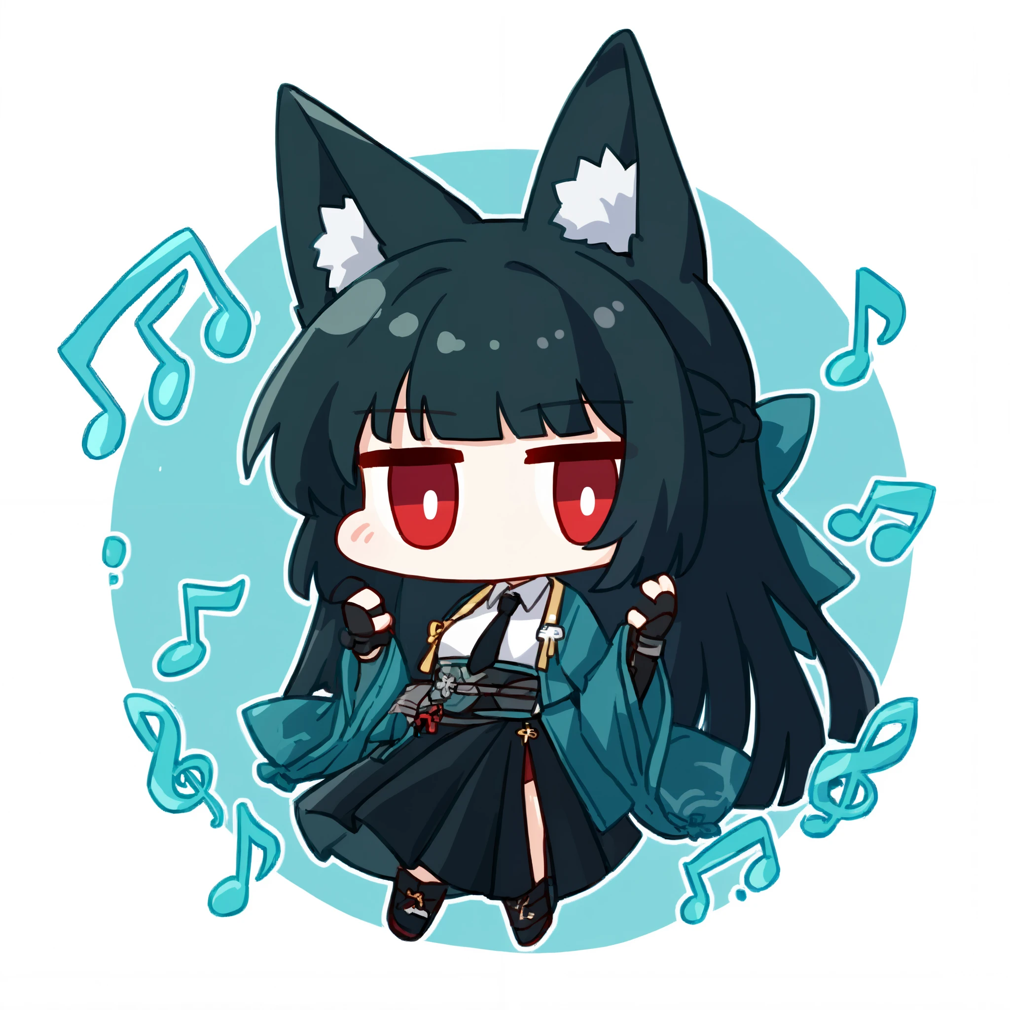 1girl, chibi, miyabihoshimi,animal ear fluff, animal ears, black hair, bright pupils, fox ears, fox girl, half updo, long hair, red eyes, sidelocks, white pupils, asymmetrical gloves, black gloves, black necktie, black skirt, blue jacket, collared shirt, fingerless gloves, gloves, high-waist skirt, jacket, long skirt, necktie, shirt, side slit, single fingerless glove, skirt, white shirt, wide sleeves, big rgb headphones, music notes floating around, high volume music