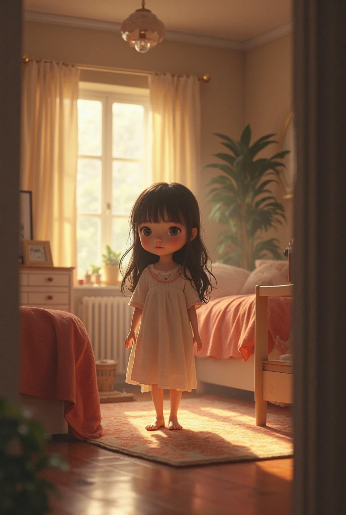 In the foreground, we see a young girl named Lily, who is the protagonist of our story. at night She sitted on her bed, her eyes shining with curiosity and wonder. She wears a simple, earth-toned dress that reflects her connection to nature.