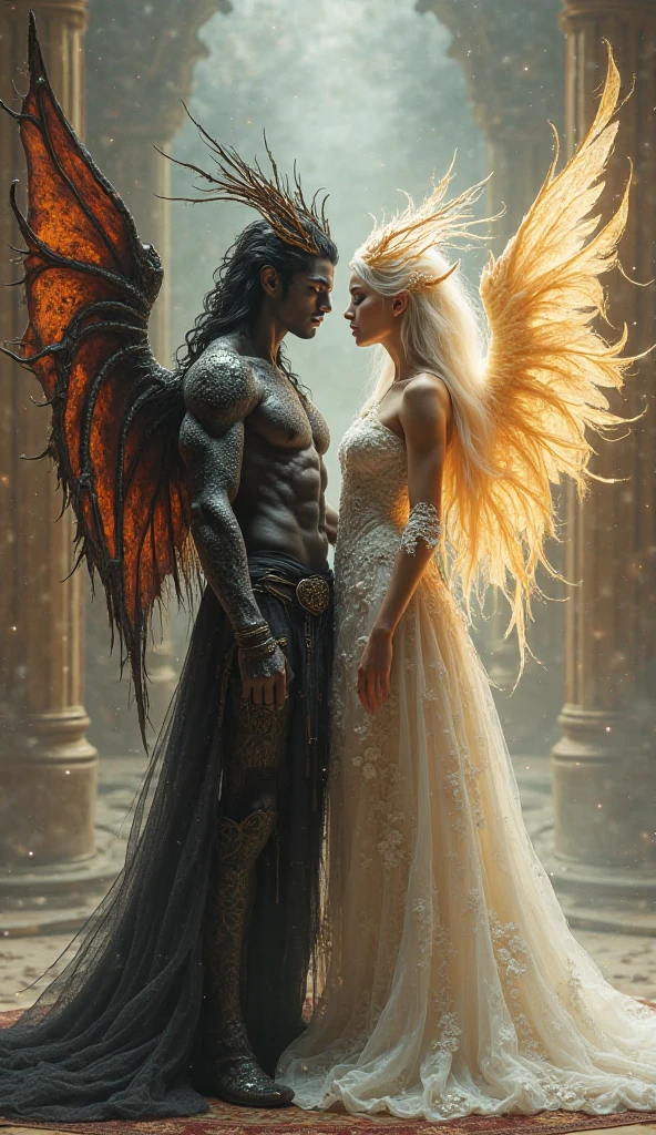 A 1 fair haired male, half human and half phoenix standing next to a beautiful dark haired female, half human and half raven. The boy has fiery phoenix wings and The girl has black scary wings. The boy has short white hair and the girl has long black hair. They jave serious expressions and are holding hands. The background is dark with thunderstorms and with a crumbling castle far away.