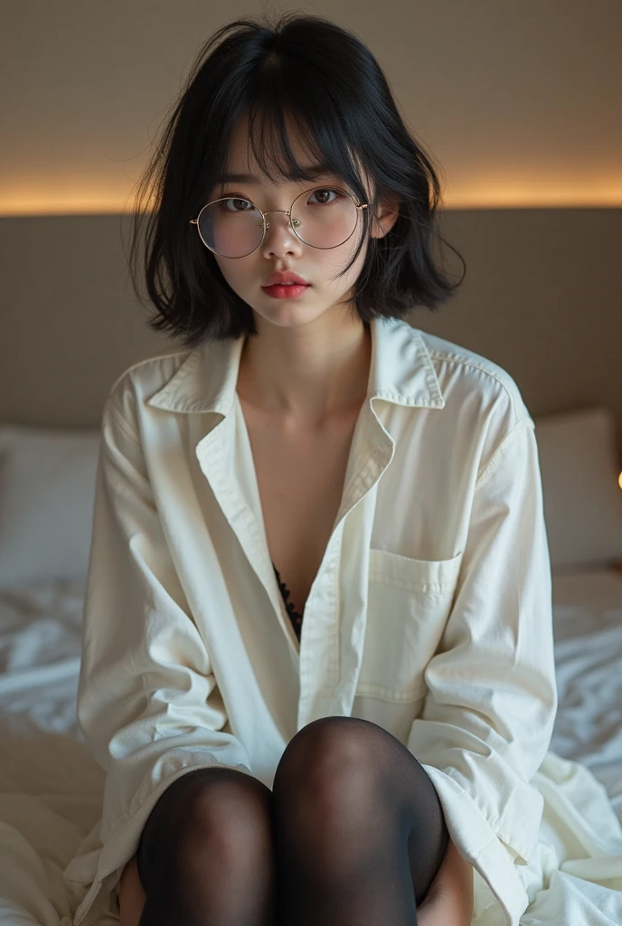 (8K、Hyper HD)On pink sheets、transparent bottom、Spread your legs、short hair, Black Hair, Curly Hair、View your audience,high school girl,Leaning forward,(Random cute clothes),(Random Animation Pose),(Thin type),(Random hairstyle),(Best image quality, (8K), Ultra-realistic, 最high quality, high quality, High resolution, high qualityの質感, Attention to detail, Beautiful details, Fine details, Extremely detailed CG, Detailed Texture, Realistic facial expressions, masterpiece, in front),(Wearing glasses:1.1)、(Big eyes:1.2)