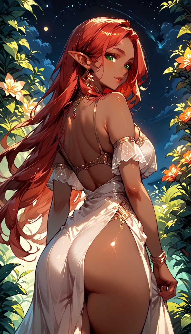 beautiful, Mark, queen Mark, black dress, deep cleavage, wavy red hair, golden eyes, Good, pool curtain, sexy, sensual, looking back