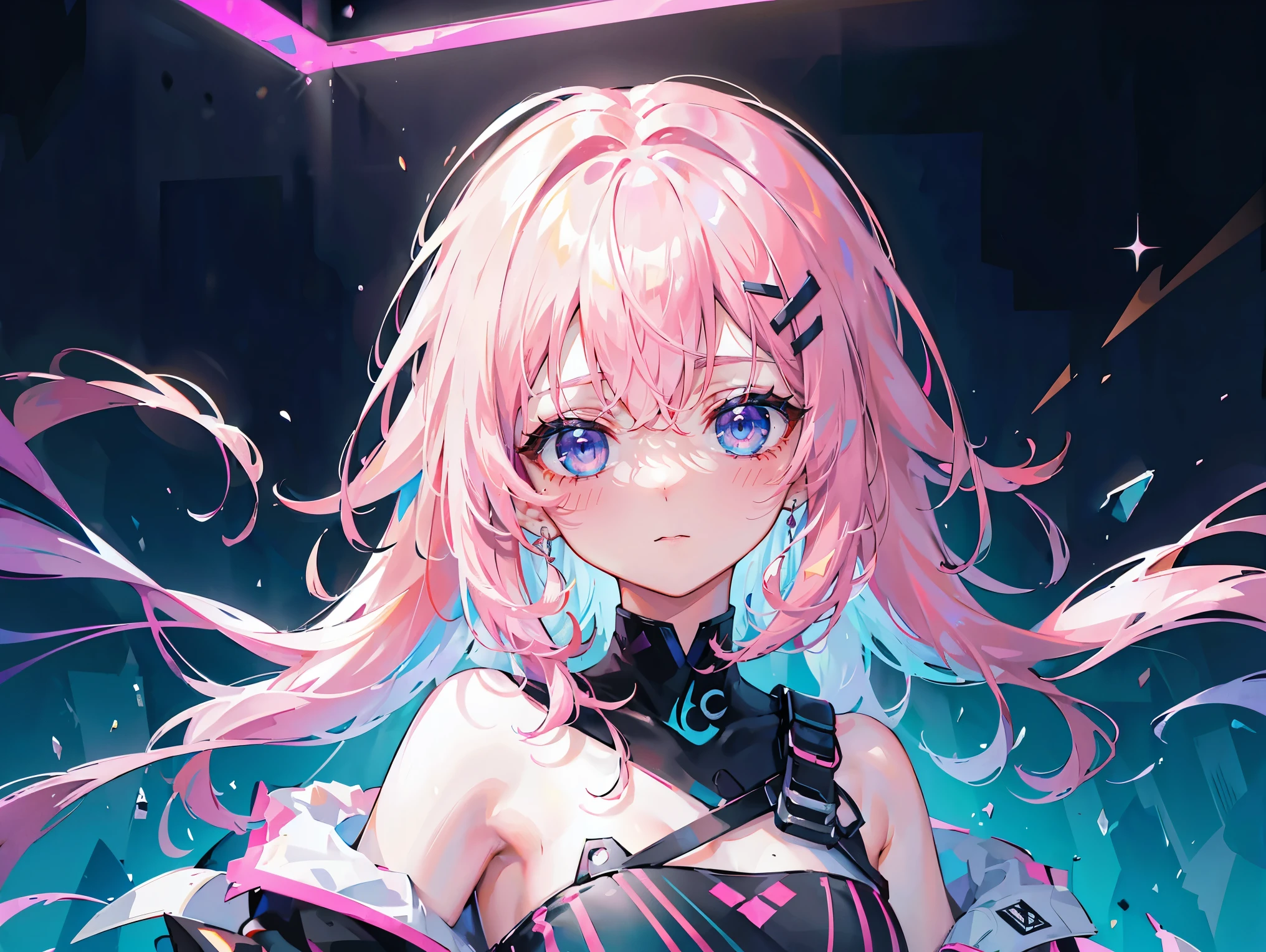 ((masterpiece)), (alone),( dynamic angle),album, (mistake), ( 1girl :1.3), Pink Hair , long hair, ( alone:1.2),(nice looking face),(++++ (Exquisite Eyes)), medium bust,(painting), ((messy hair), Colored Hair , striped hair),night, (neon lights), light smile, Watching the audience, Double Exposure , (Chromatic Aberration), light leak , noise and particles, Design , Art, abstract Art, Bright, Rebellious,Black accessories,Dynamic Pose