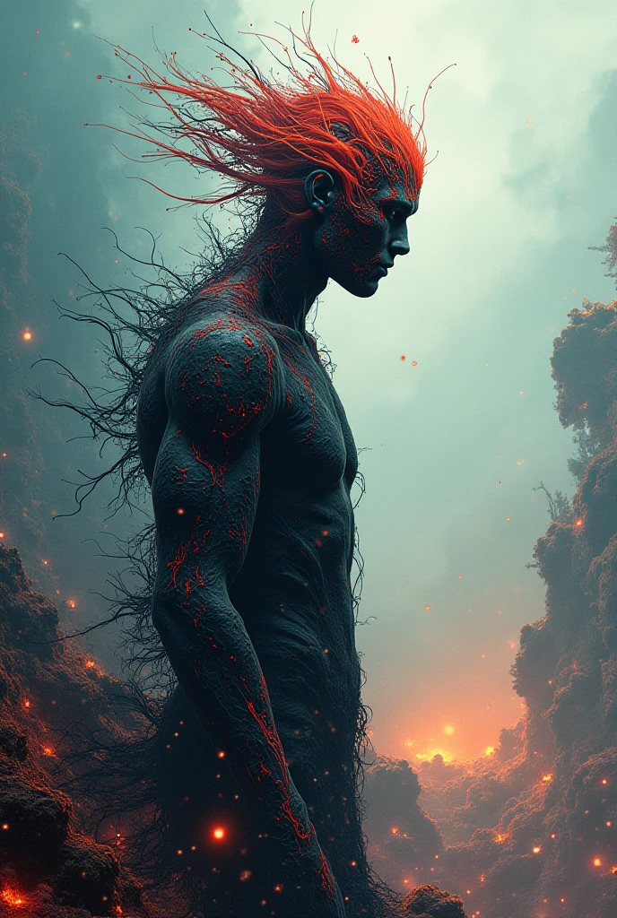 a man consumed by crimson roots in the setting of a reddish desert planet in anime style