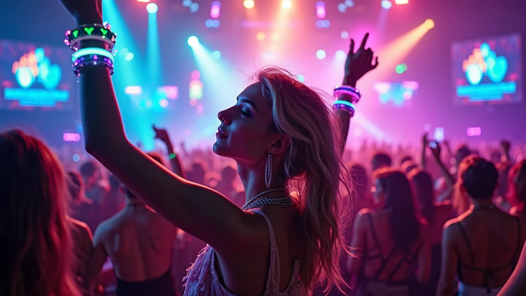 Nightime Rave Energetic girls,vibrant EDM festival,colorful neon lights,glowing ...