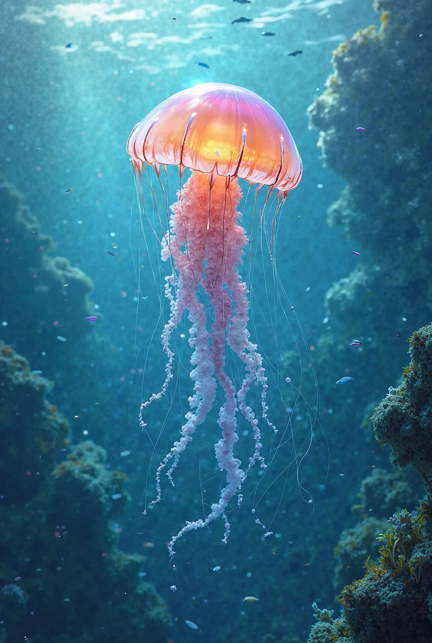 poster,a few jellyfish,no humans,water splashing,food focus,depth of field,blurry,(simple background), masterpiece,best quality, SGST <lora:æ°´æçµåæå½±_v1.0:0.4>