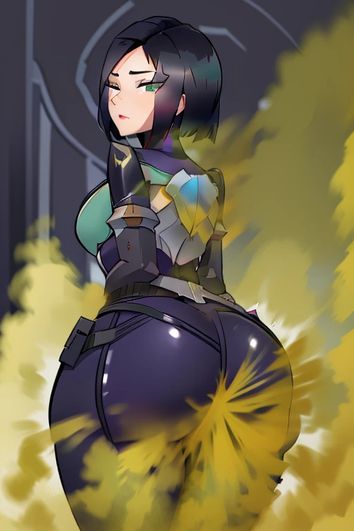 masterpiece,Raven ,Raven suit ,best quality,cape , long sleeves, blue gloves, red belt, gigantic breasts,muscle,in dungeon, looking at viewer, cowboy shot,black hair, curvy, golden eyes,a female tyrant with a penchant for torture,fog,drenched in sweat,pink cheeks,shiny suit ,smile, white teeth,gloomy light,balanced eyes,The two hands are interlaced in front of the chest,plump body,View from behind, Back pose, Buttocks emphasized curves, arched back
