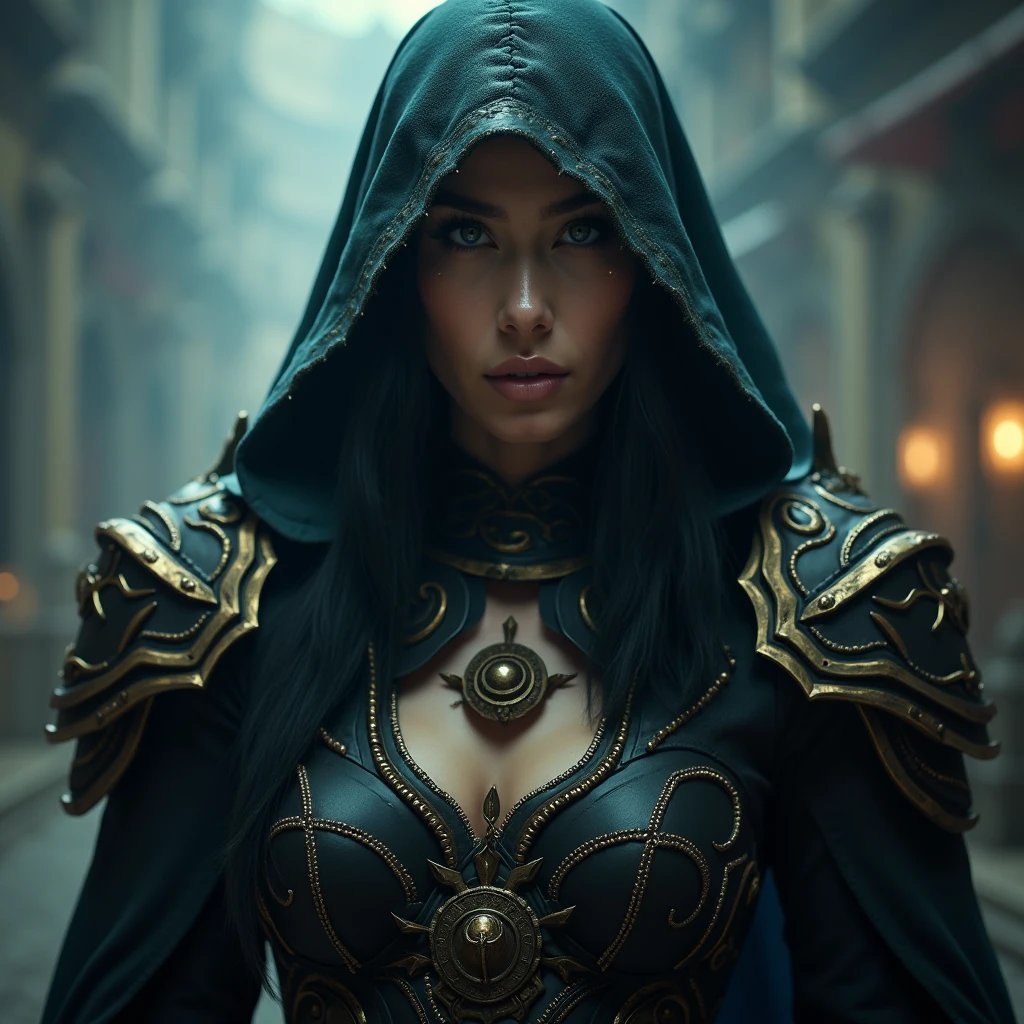 A woman in a black outfit with a sword and a hoodie (masterpiece), best quality, expressive eyes, perfect face, detailed eyes, dark fantasy,, Egyptian warrior, cleavage, black and gold outfit, massive snoopy breast, badass woman, sensual ,