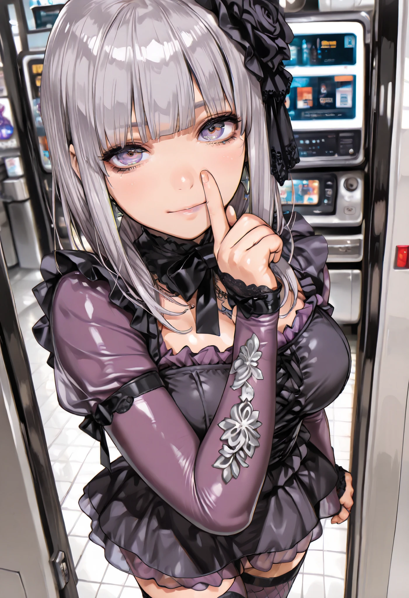 (( software, masterpiece, best quality , required items , best quality , Highest Level, best image quality)), realistic, (live action, complex details), 1 girl who died , mine-type girl, ( Gothic ta facing straight to camera ), Beautiful shiny black long hair, beautiful shiny white long hair , ( purple mesh hair :1.2), Blunt Bang , Flashy Hair, purple eyes , beautiful eyelashes, (cute:1.3), (( lip gloss)), (Natural Breasts, Big Breasts), ( High Detail Skin :1.2), ( perfect anatomy), (Accurate Arm, exact finger:1.3), beautiful model , Jirai girl in the fashion world, Align your hands next to your body , ( gray and white Jirai fashion :1.6), Delicate Embroidered Dress , Black lace decoration , ( Black Mini Skirt ), frills, ribbons, Silver Accessory, silver earrings , smile, ([perfect pose), ( Gothic girly girl ), Cyberpunk, Dark Night City , smile