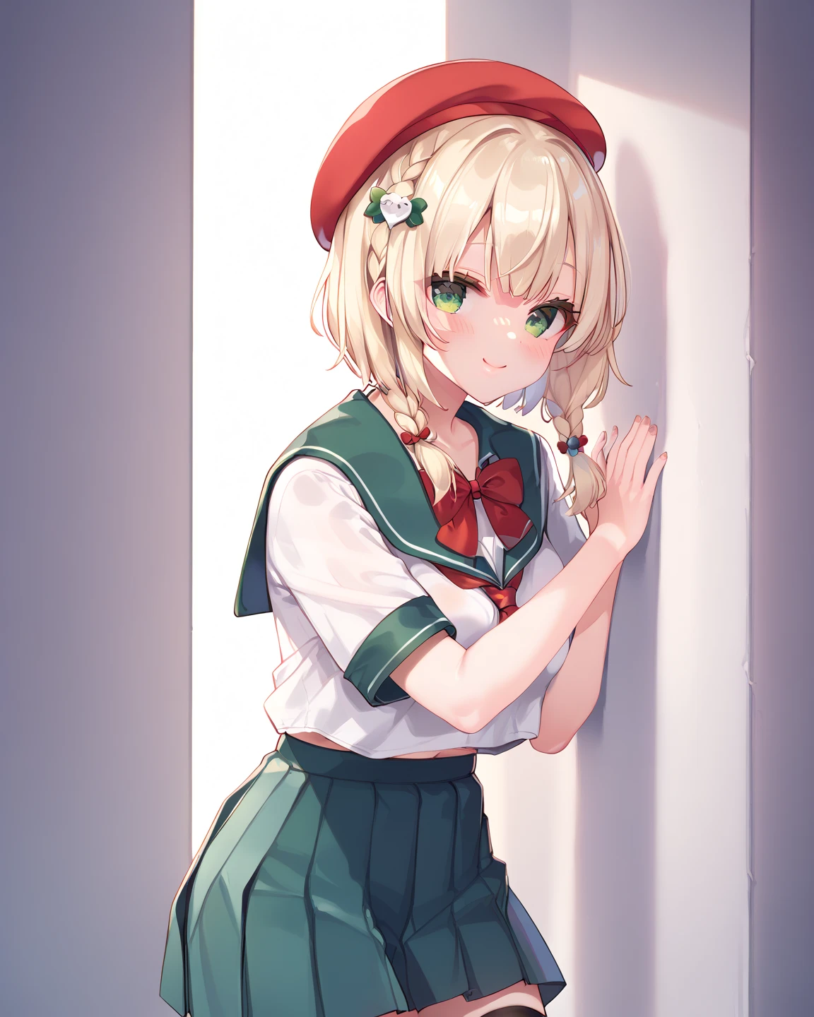masterpiece, highest quality, High resolution, question 1, One girl, alone, Hair Ring, Green Eyes, Pompom hair ornament, Sailor collar, Long sleeve, Striped jacket, Braiding, vertical_striped skirt, vertical stripes, beret, Cowboy Shot, Sitting, Cafe, indoor, coffee,View Viewer，From the back，Women stink，????，Turn your buttocks here