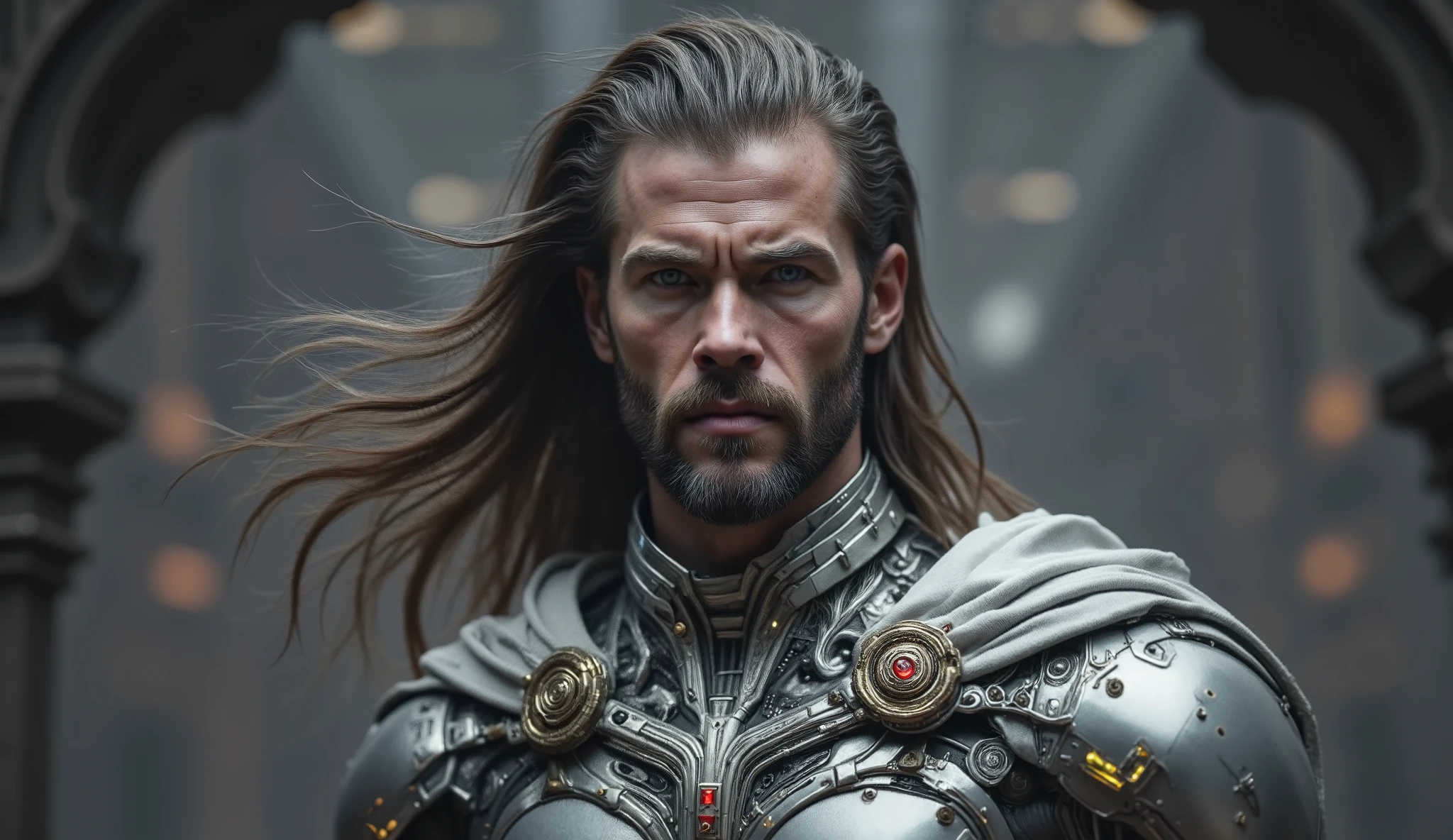 Ulises 31, A young and strong man , with long milky hair, abundant and brown, with mustache and beard , very handsome and similar to Chris Hemsworth and with blue eyes, wearing a futuristic silver space warrior costume, technological, with a short white cape , cogida al traje en el pecho con un broche technological tipo chip de color rojo.