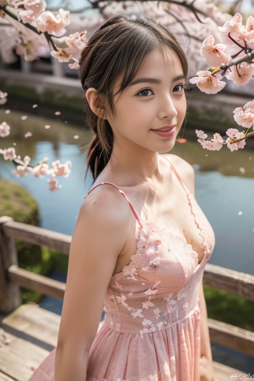 The eyes of a beautiful 18-year-old Japanese woman looking back at me and smiling under the cherry blossoms in full bloom, with a large translucent peach cloth wrapped around her body. Focal length 100mmf/2.8, spring, sunny, uninhabited natural park, cherry blossom trees and lawn, well-shaped face, expression full of contentment, sweat, mouth smiling while breathing properly, toned body, transparent skin, pink color Large translucent fabric, naked breasts visible through the translucent fabric, maximum close-up of the eyes, realistic feeling, 8K image quality, highest quality.