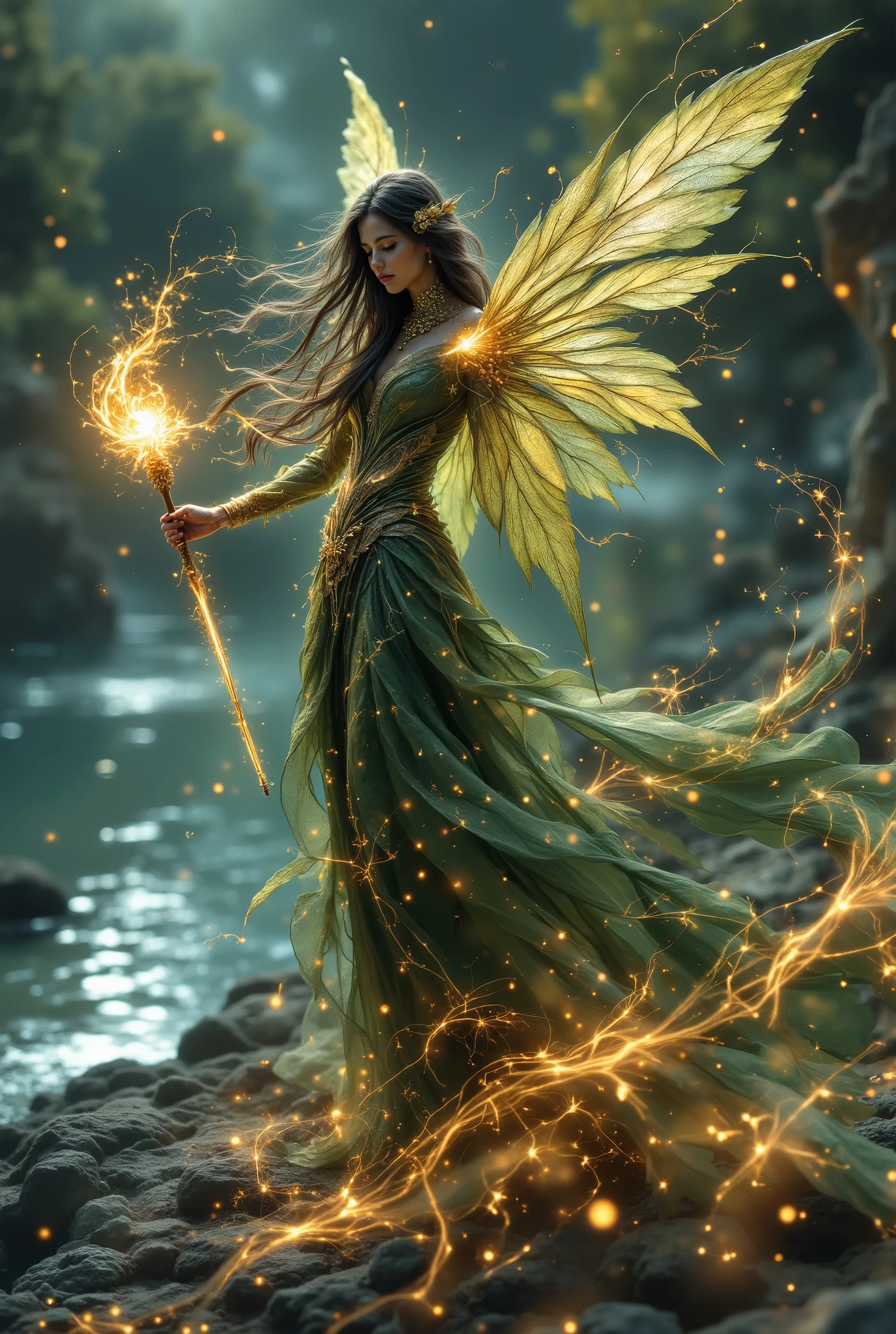 The girl with the Leaf Dress, She looks like the Fairy and the Beautiful Sorceress, her long hair is beautiful, her appearance is envied even by gods, sexy, Mila, gorgeous, holds a magic wand in the shape of a flower, Drawing patterns on the beautiful Lake, creates a great magical atmosphere, Wonderful, Masterpiece , best quality, 8 k, maximum details, complex details, fantasy style,
