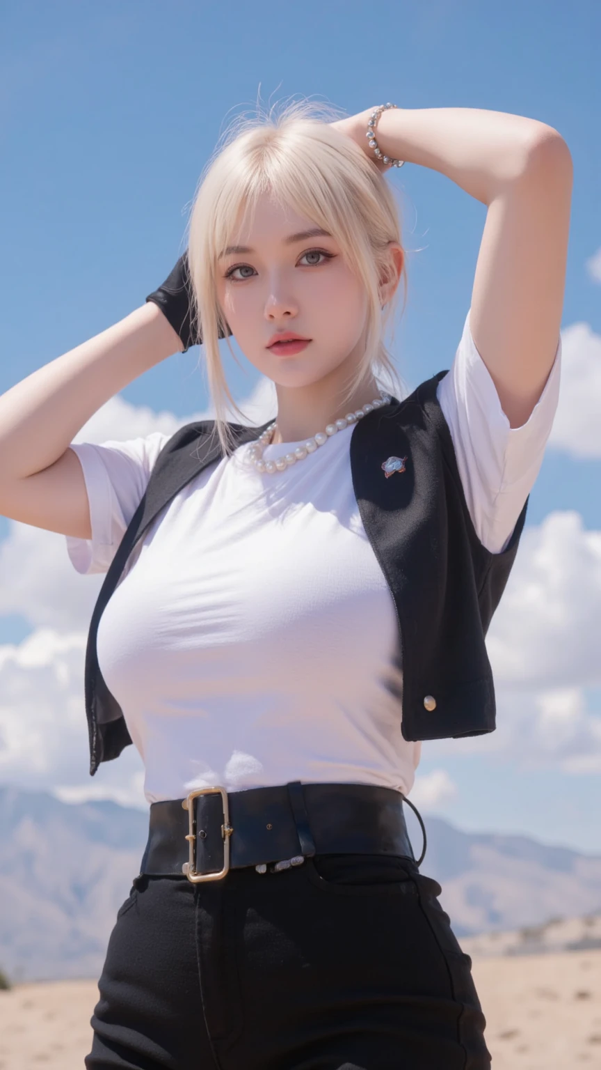 Beautiful woman,Have a perfect body:1.4,Layered Hairstyle,Visible cleavage,Bikini:1.5,Super short pleated skirt,whole body,Highly detailed face and skin textures,Double eyelids,Skin Whitening,Long white hair