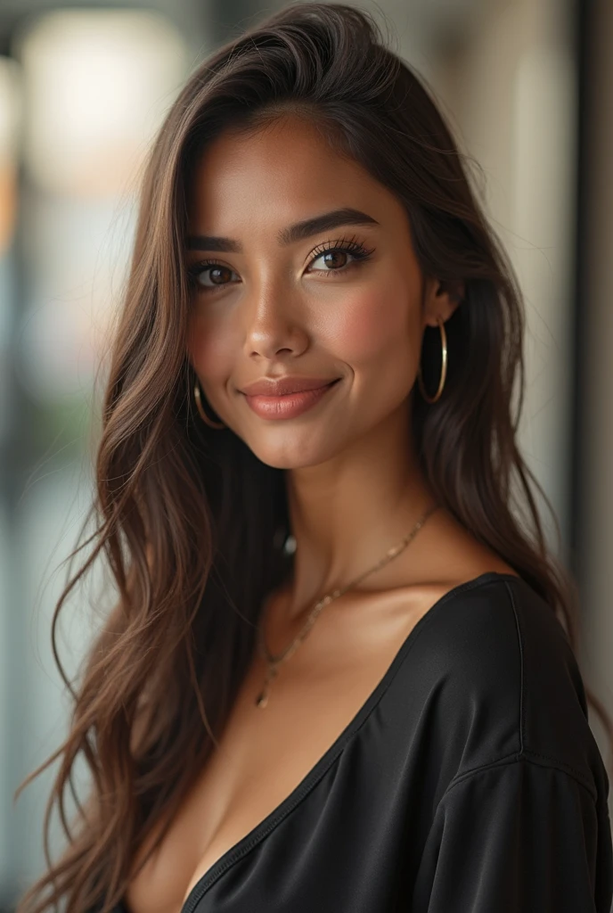 Create a highly detailed, realistic portrait of a young woman with the following features: She has a light brown complexion with a warm, golden undertone. Her skin is smooth and even, reflecting a healthy, radiant glow. Her face is oval-shaped with high, well-defined cheekbones that enhance her natural beauty. She has large, almond-shaped brown eyes with a slight shimmer, framed by thick, dark, and well-groomed eyebrows with a natural arch. Her eyelashes are long and voluminous, adding depth to her expressive eyes. Her nose is straight and slightly narrow, complementing her facial structure. She has full, well-defined lips with a natural pink hue and a subtle gloss, giving them a healthy and attractive appearance. Her hair is long, black, and curly, with a wet or freshly styled glossy finish. The curls are well-defined, cascading past her shoulders and framing her face perfectly. Her hair's shine and texture add to her striking look. She is wearing a casual olive-green sweatshirt that contrasts nicely with her skin tone. The lighting in the image is bright and warm, highlighting her smooth skin and giving her a radiant glow. Her expression is calm and confident, with a slight hint of a smile. She has a slightly tilted head pose, with one hand resting near her temple, adding a touch of casual elegance to her demeanor. VERY REALISTIC