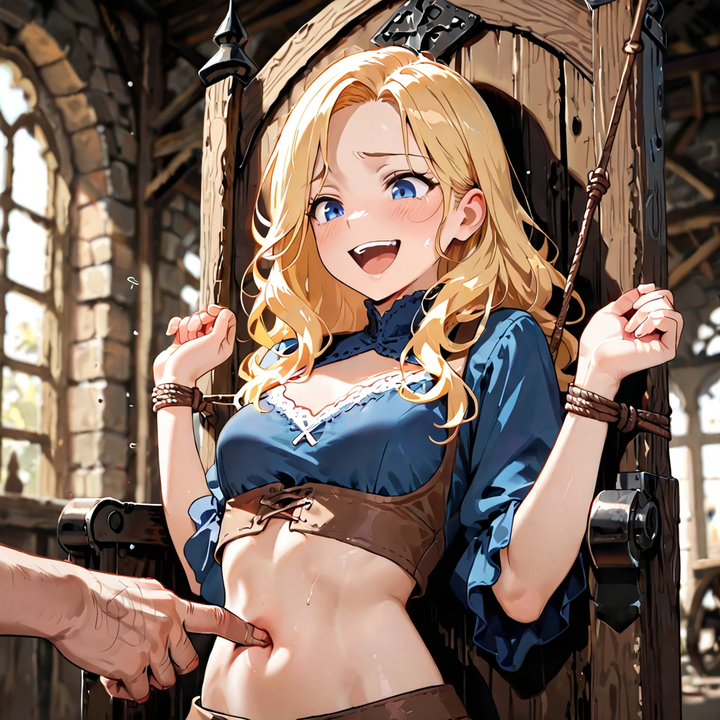 (1boy, ogre, Standing), ( packing:1.2), (1girl in,Lucy Heartphilia, blonde hair, length hair, large full breasts, white shirt, sleeveless, a belt, a blue skirt, ) (onarmor, meat shield:1.2), I cried in frustration、red blush、chain, (anklets, Chained ankles, Bracelet, Chained wrists, hands tied up:1.1), Exposed , (Vaginal Sex), (cum on ), Torn clothes, Arms up, Hug me from behind,outside of house、grass field, Damage, Cowboy Shot, NSFW