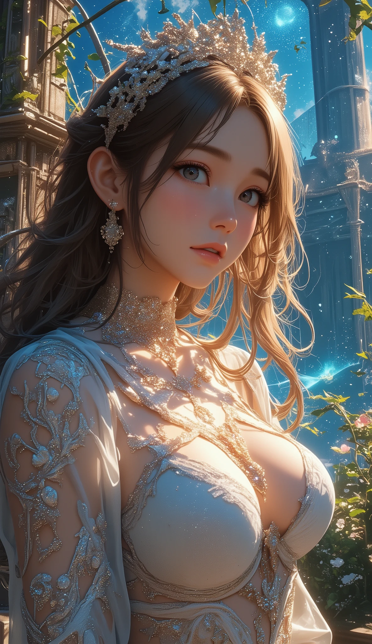 looking away, aerial angle, (mechanical, complex body), ((huge god's weapon has female face's outline embedded)), (small breast), drooping eyes, blush, sleepy, (((art nouveau))),