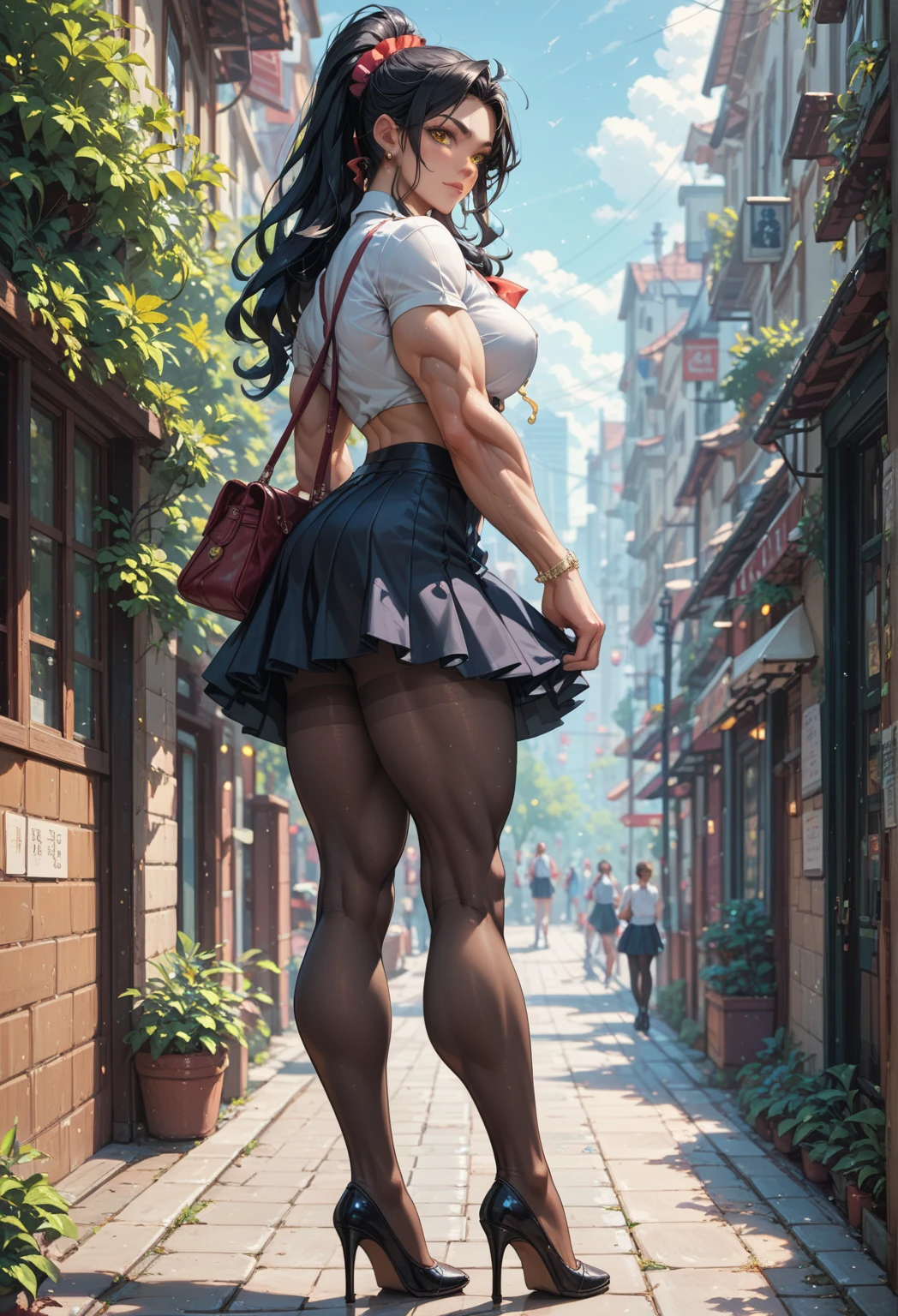 (Full body, view from below, cowboy shot, looking at viewer, masterpiece, best quality, ultra detailed, immaculate:1.2) Android 18 from DBZ, 30 y.o. woman, red eyes, short BLONDE hair, posing for photo, seductive smile, grey jacket, red necktie, green skirt, Sakura tree, building, (pinched eyes) (closed mouth) (hands on hips)