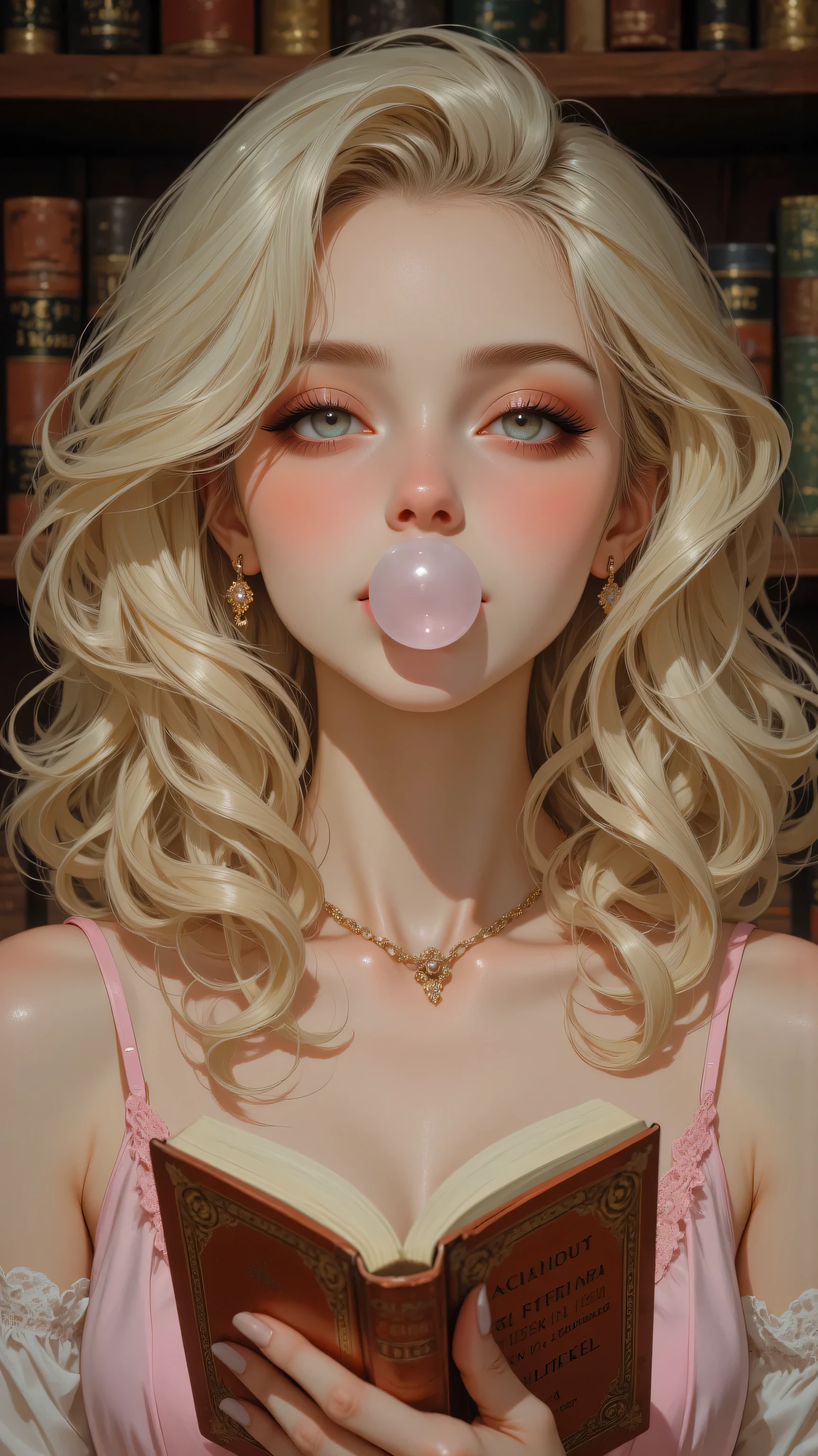 8k , masterpiece , highest quality, Close-up, frontal viewpoint. Blonde, voluminous curls, classic makeup, delicate necklace, small earrings. Light pink sleeveless dress. Holding book, blowing bubble gum. Vintage style book, brick wall background.