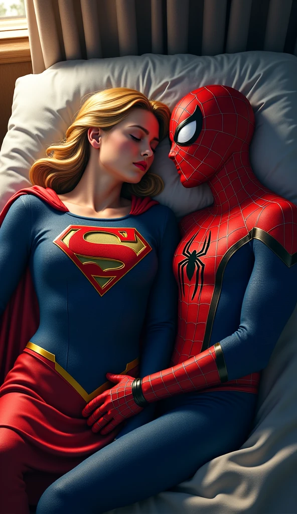 A spiderman and superwomen sleeping together