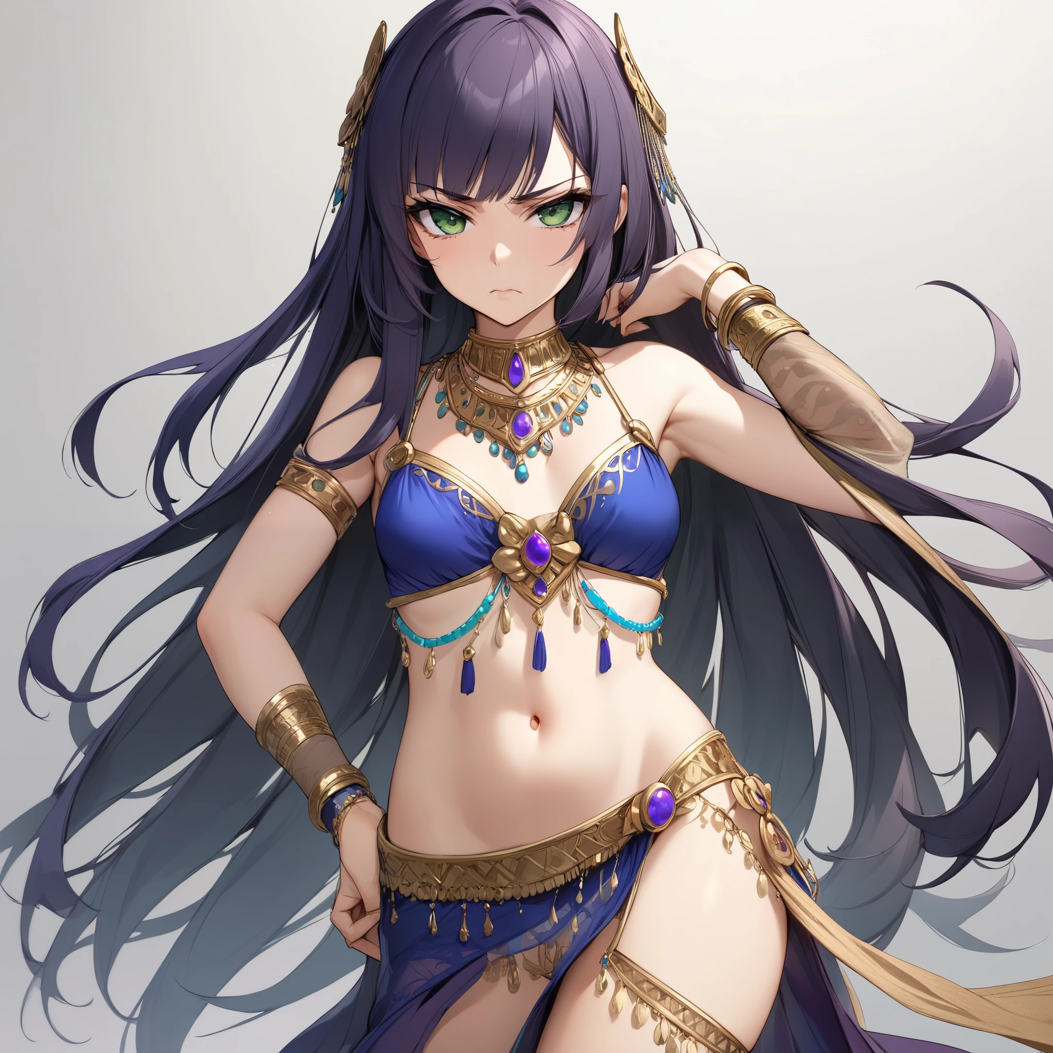 high quality, ultra detailed, best quality, insanely detailed, beautiful, masterpiece, 1girl, white background, red eyes, long hair, purple hair, belly dancer, circlet, earrings, armlets, bracelets, bashful smile, large breasts, cleavage, soft stomach