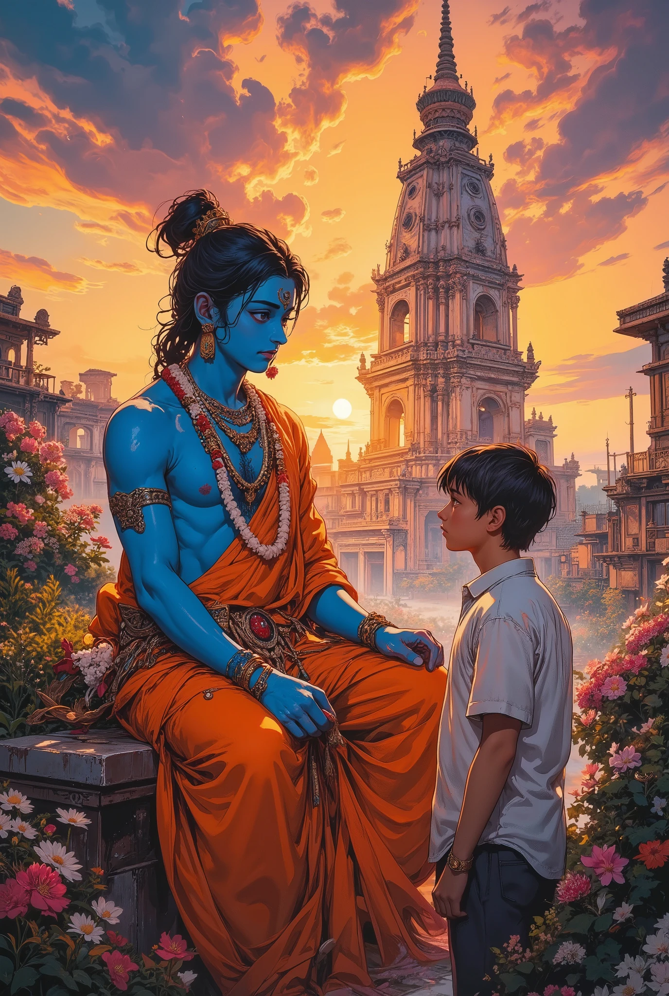 Beneath a radiant, colorful sky at sunset, an ethereal scene unfolds where a young blue-hued deity, reminiscent of Lord Krishna, sits gracefully beside a young man. The deity adorns a flowing orange garment complemented by intricate jewelry and flower garlands, exuding a sense of serenity and wisdom. The man, in a casual light shirt, gazes attentively at the deity, conveying a bond of guidance. In the background, an ornate temple structure rises majestically, framed by lush greenery and blooming flowers, enhancing the enchanting atmosphere. The vibrant colors and warm light evoke a sense of peace and inspiration, beautifully encapsulating the narrative of connection and divine companionship.
