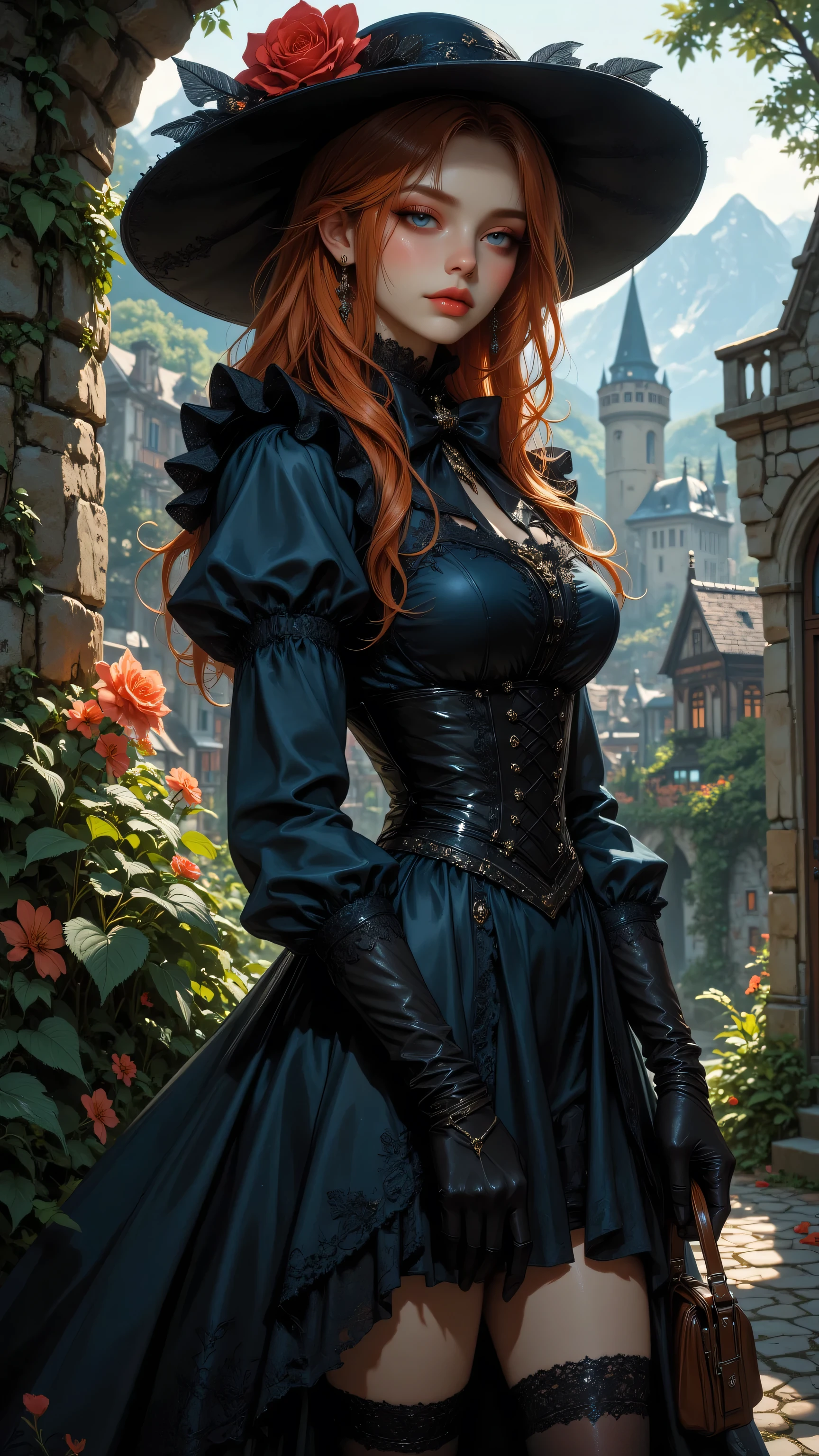 A close up of a woman in a black dress and hat - SeaArt AI