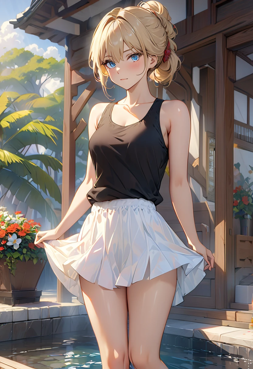 1 girl, small, (15 years old, she is 15 years old), blonde, two pigtails, big lips, big breasts, big thighs, (brown eyes), (wears a white, transparent tank top, very tight to her body , with cleavage, she has her shirt on, you can see her belly, very wet), (she is wearing a mini skirt, very tight, very short, you can see her butt), (no bra, no panties), (barefoot, pretty feet), (red cheeks, evil smile, lascivious smile), (standing, positioned with legs open, leaning towards me), in the garden, summer evening, (perfect vagina, well-made vagina)