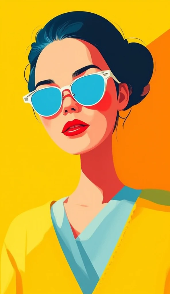 Full-size flat female figure, illustrated by Geron Allart
Bright yellow background
Rounded blue glasses. Red Shadow. High detail and complexity of the illustration.  cinematography . Pixel image processing. The viewing angle from the side and bottom has been halved.