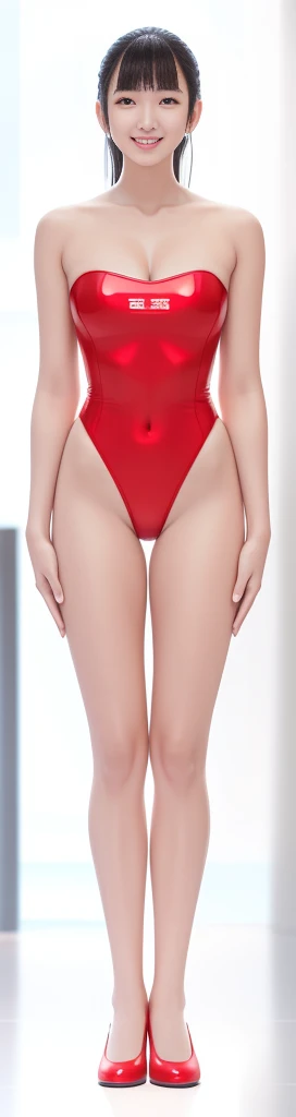 On a white background,A tall and beautiful Chinese girl,with fair skin,Toothy smile,A big smile,When you laugh, Your eyes are crescent-shaped,blunt bangs, long straight hair,Wear a one-piece swimsuit and pumps,Swimsuits are decorated with joyful patterns, Stand up straight,Stand upright,hands on sides,Symmetrical distribution,Ray tracing,All shaded areas,No windows, Soft lighting, Warm light, flood light, n, Studio light, 1.4x Realistic Ultra HD